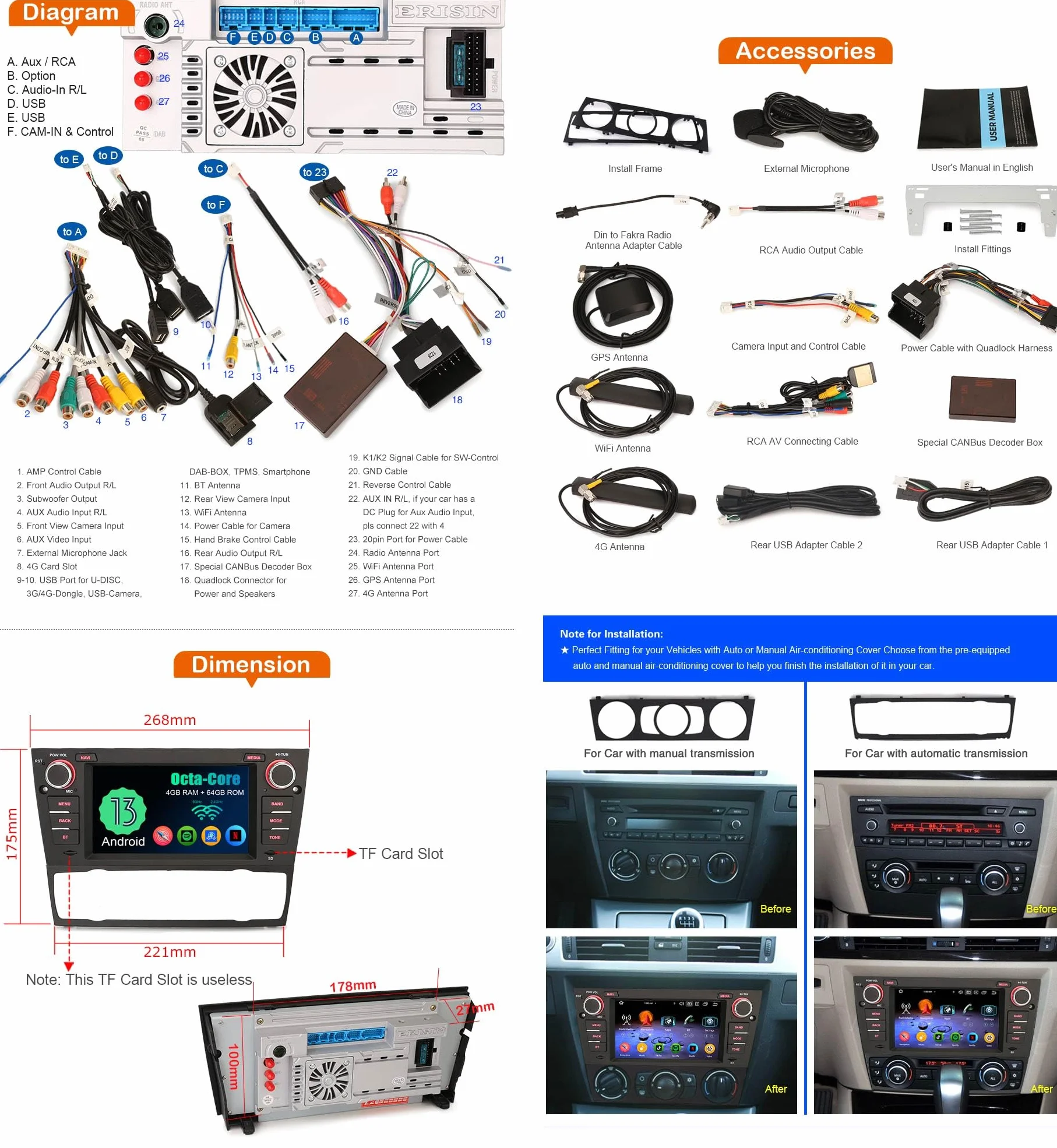 Erisin Android 14 radio samochodowe GPS nawigacja do BMW serii 3 E90 E91 E92 E93 8-Core CPU CarPlay Bluetooth ekran dotykowy