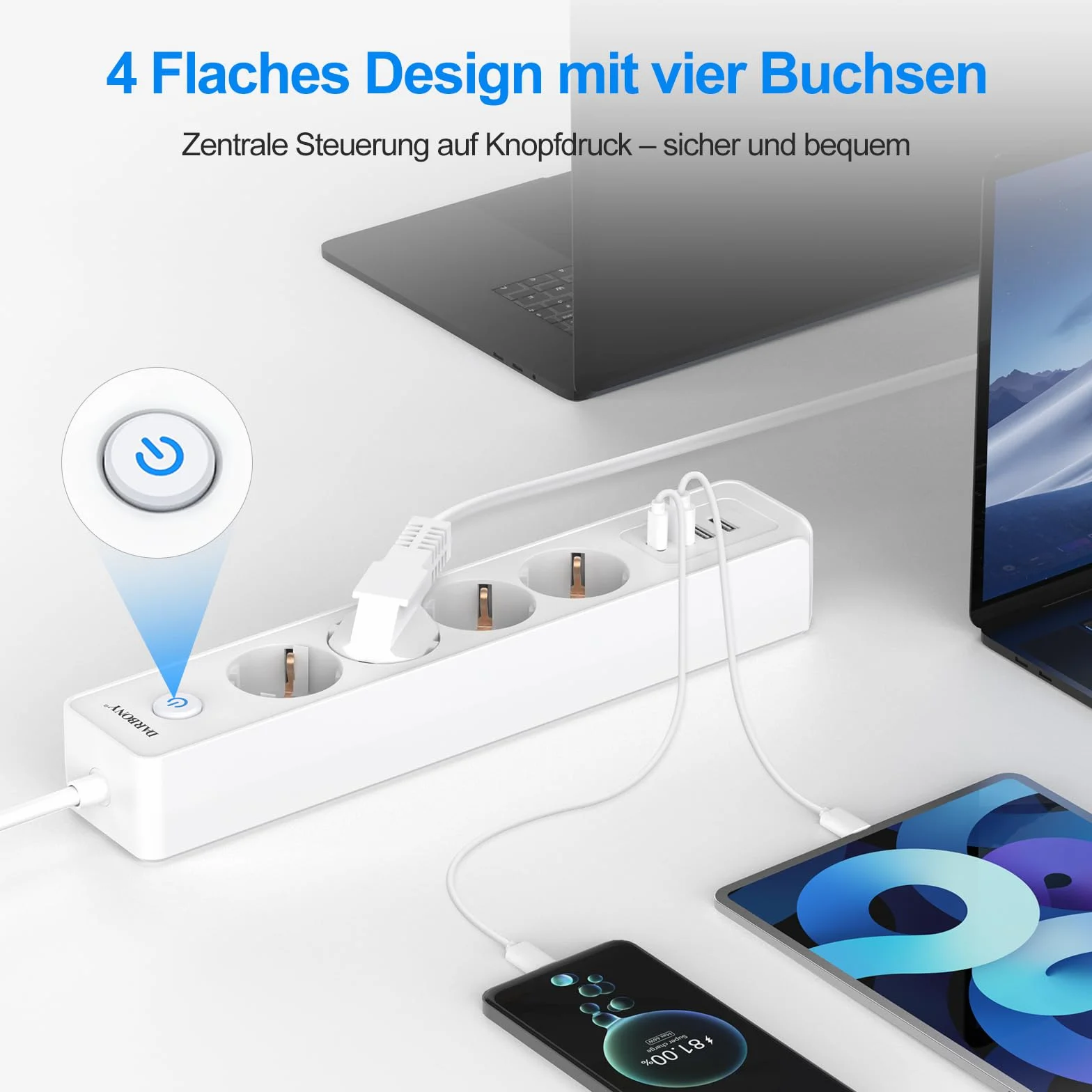 Darbony Listwa zasilająca 4 gniazda USB przełącznik ochrona przepięciem 3680W 16A USB C kabel 1,8m biała