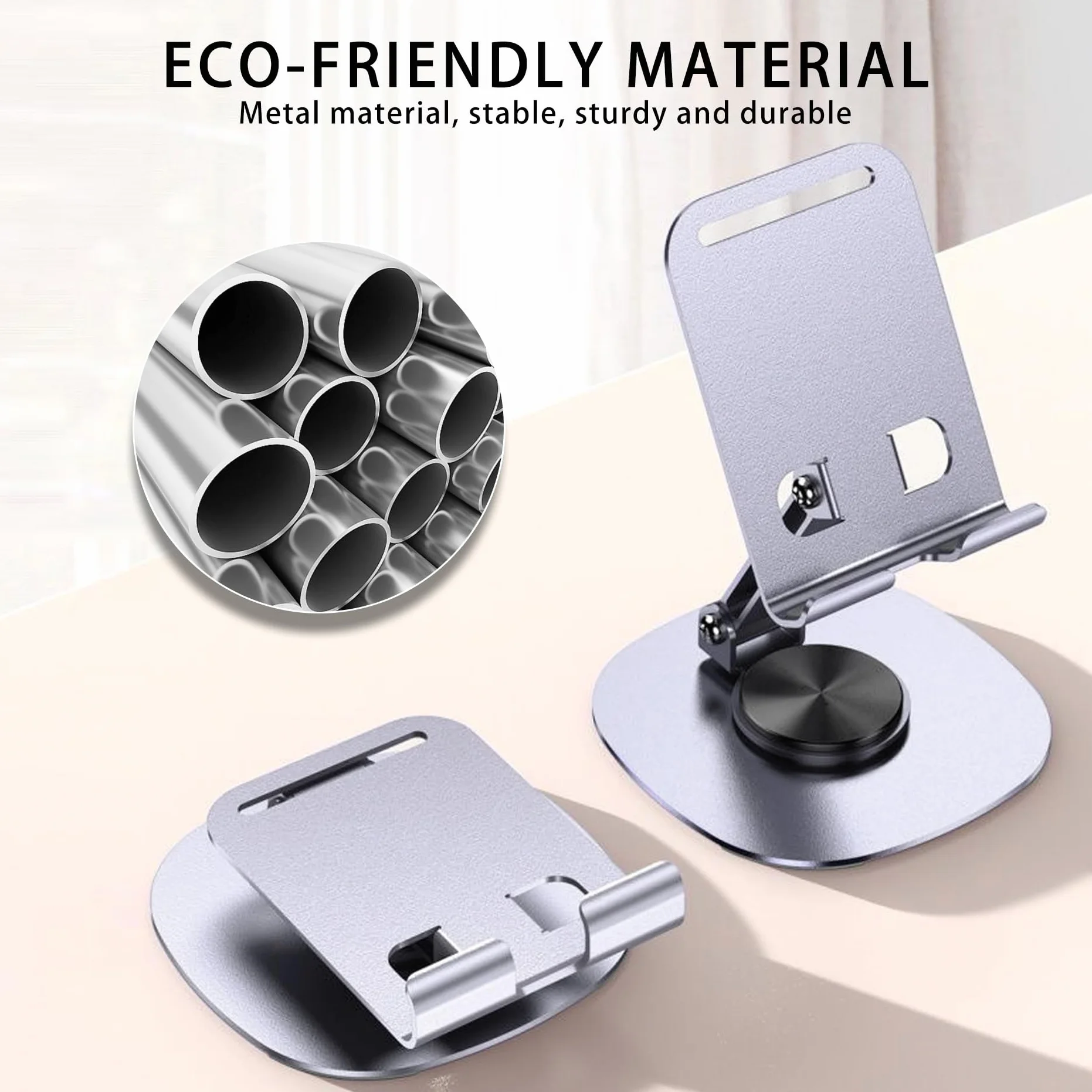 1 SZT Metalowa Stojak na Telefon, Regulowany Holder na Tableta, Składany Stojak Biurkowy, Przenośny Design, Obracająca się 360° Podstawa z Powłoką Antypoślizgową, do Biura, Domu i Podróży (Szary)