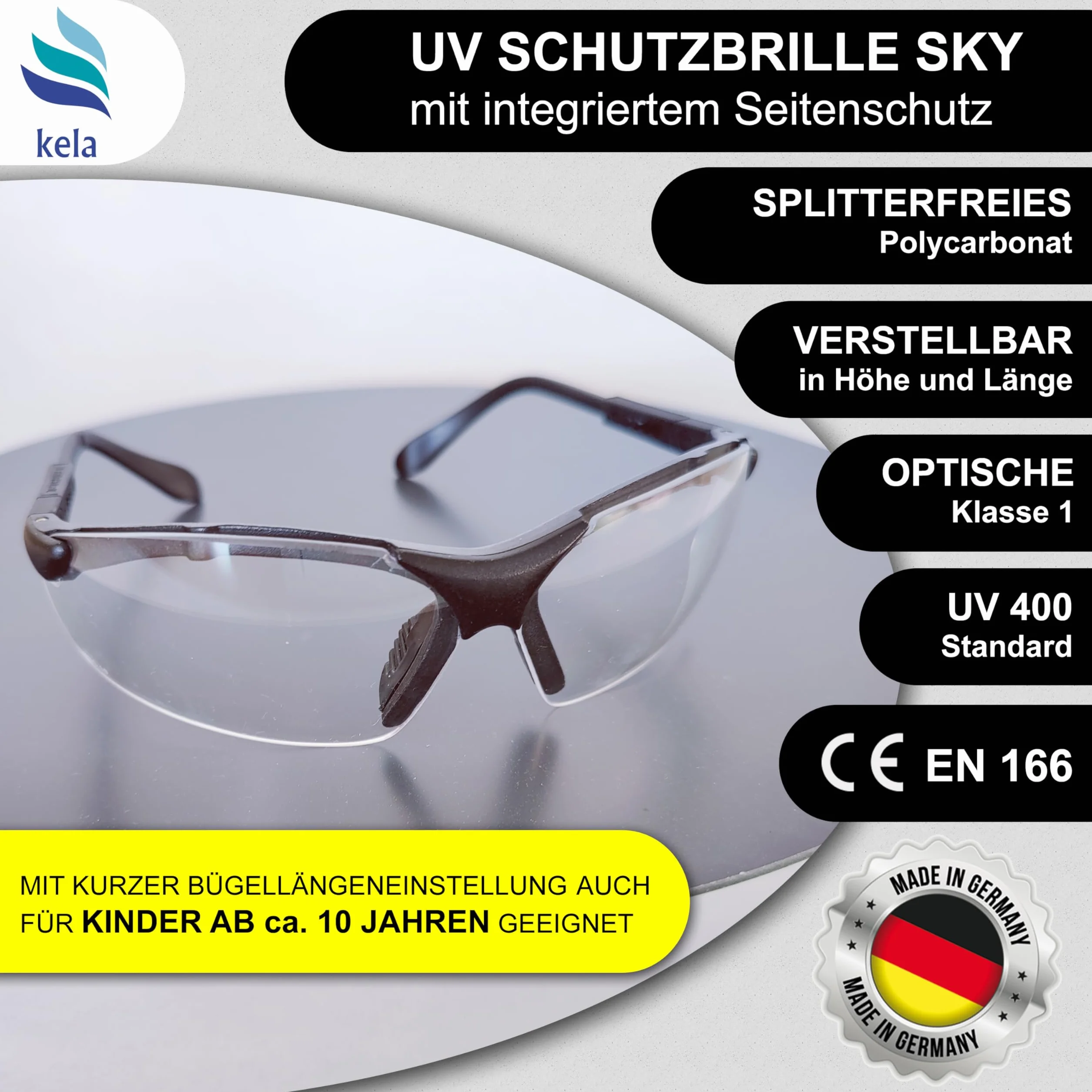 kela Zestaw 12 par okularów ochronnych SKY I 100% Made in Germany | odporne na zarysowania okulary robocze z UV400 i wbudowaną ochroną boczną I okulary sportowe z regulacją wysokości i wzdłużnie