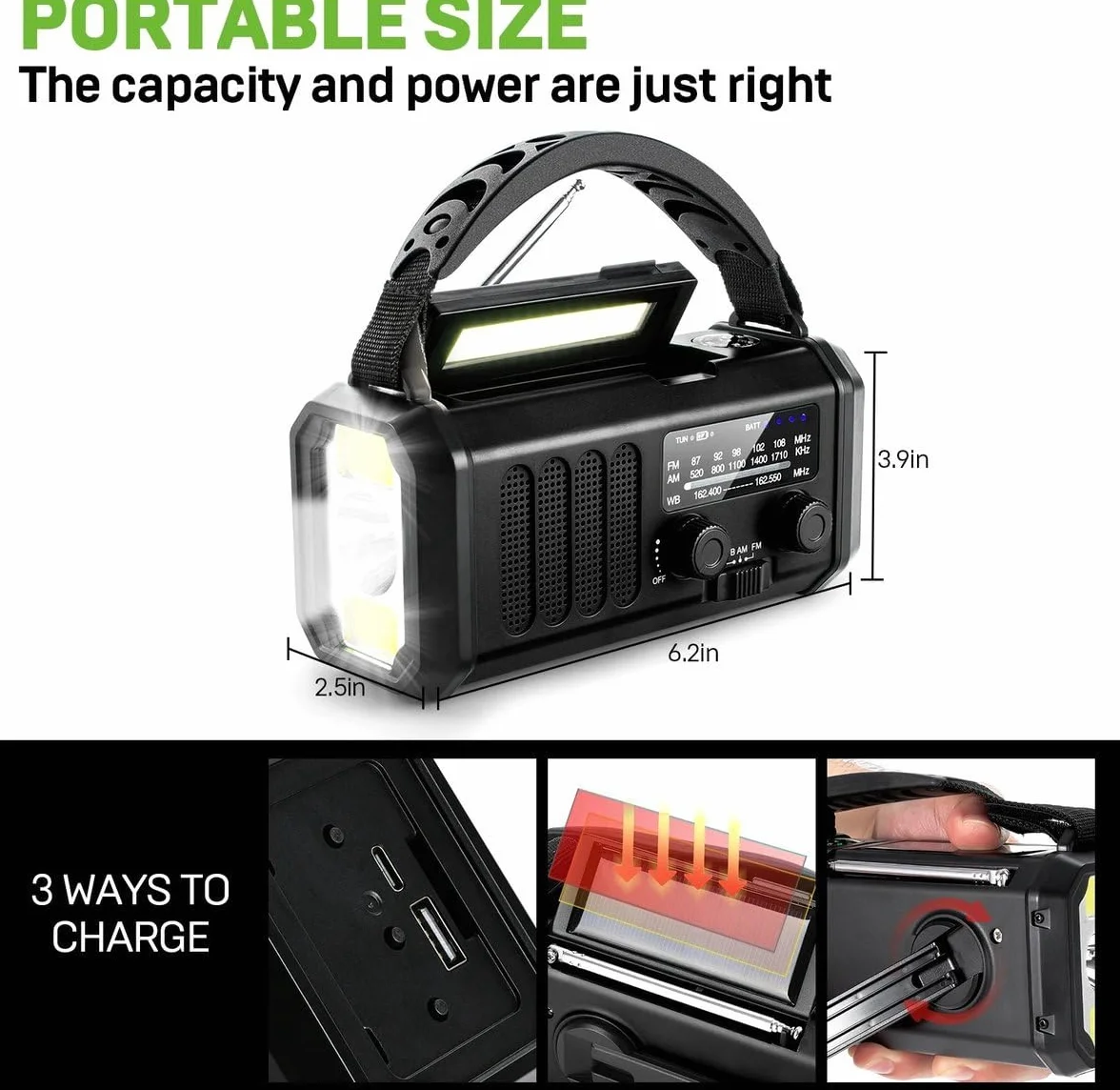 Ishiva 10 000 mAh awaryjne radio solarne AM/FM z latarką LED i ładowarką do telefonu