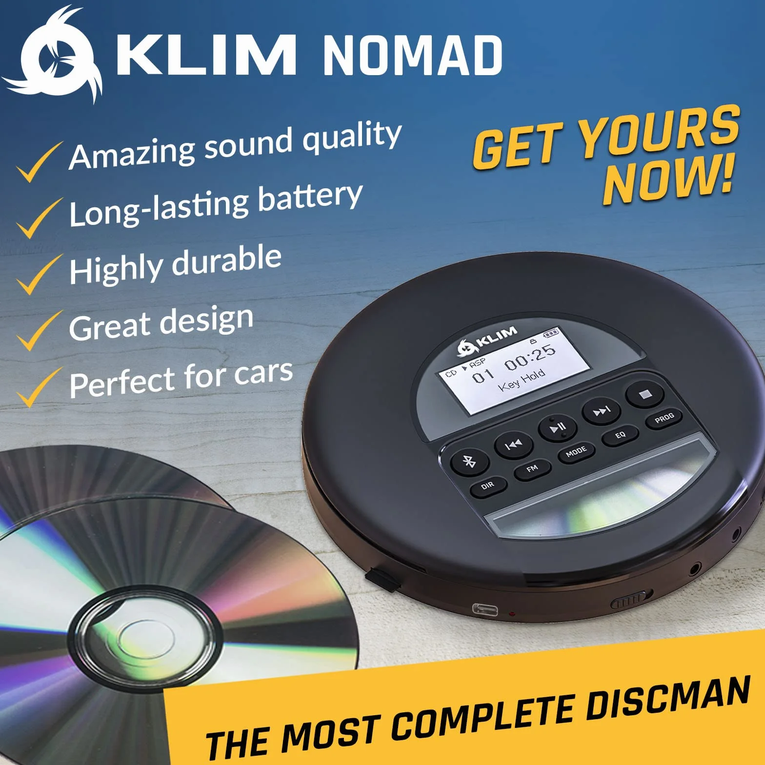 KLIM Nomad - Nowość - Przenośny odtwarzacz CD - Wbudowana bateria o długiej żywotności - ze słuchawkami - Kompatybilny z CD-R, CD-RW, MP3 - Bluetooth odtwarzacz CD do samochodu, domu, na zewnątrz,