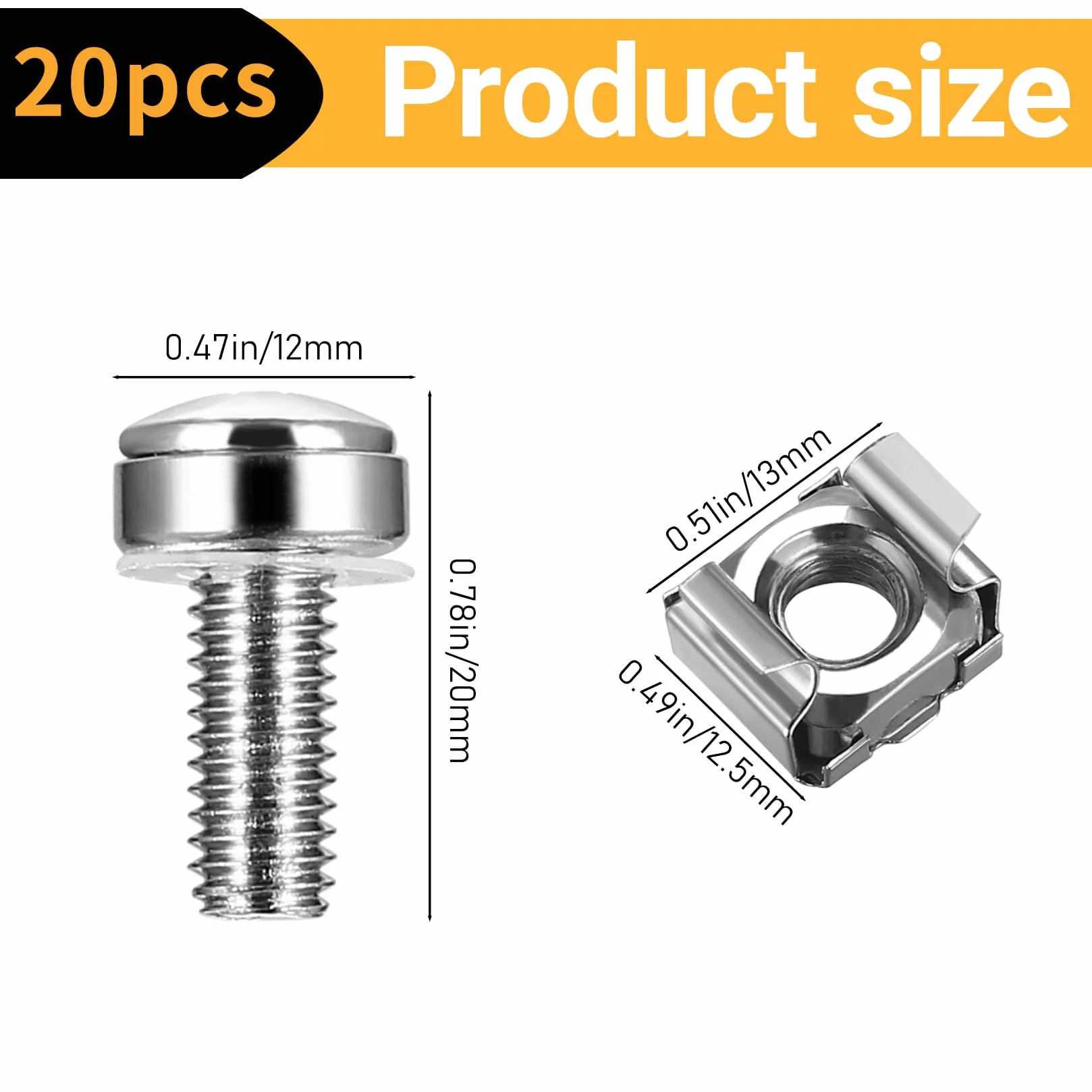 Klatkowe nakrętki i śruby M6 x 20 mm do szaf sieciowych, 40 szt./20 kompletów — zestaw śrub montażowych i klatkowych nakrętek do patchpaneli, racków, obudów serwerowych i szaf sieciowych