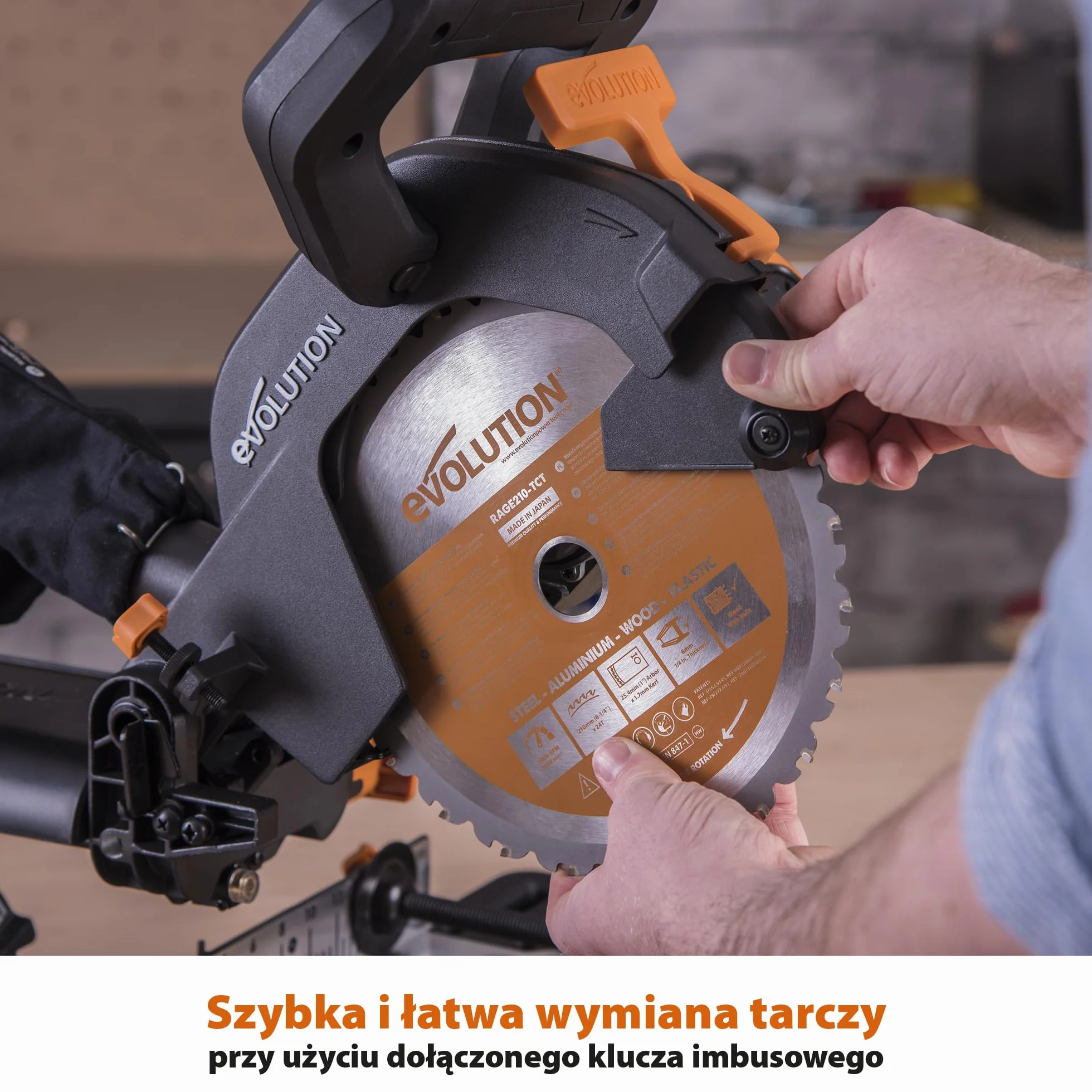 Evolution Power Tools Przesuwna ukośnica do cięć złożonych Plus R210SMS+ – w zestawie tarcza do różnych materiałów, tnie drewno, metal, plastik i inne, cięcie z nachyleniem i ukośne, 210 mm (230 V)