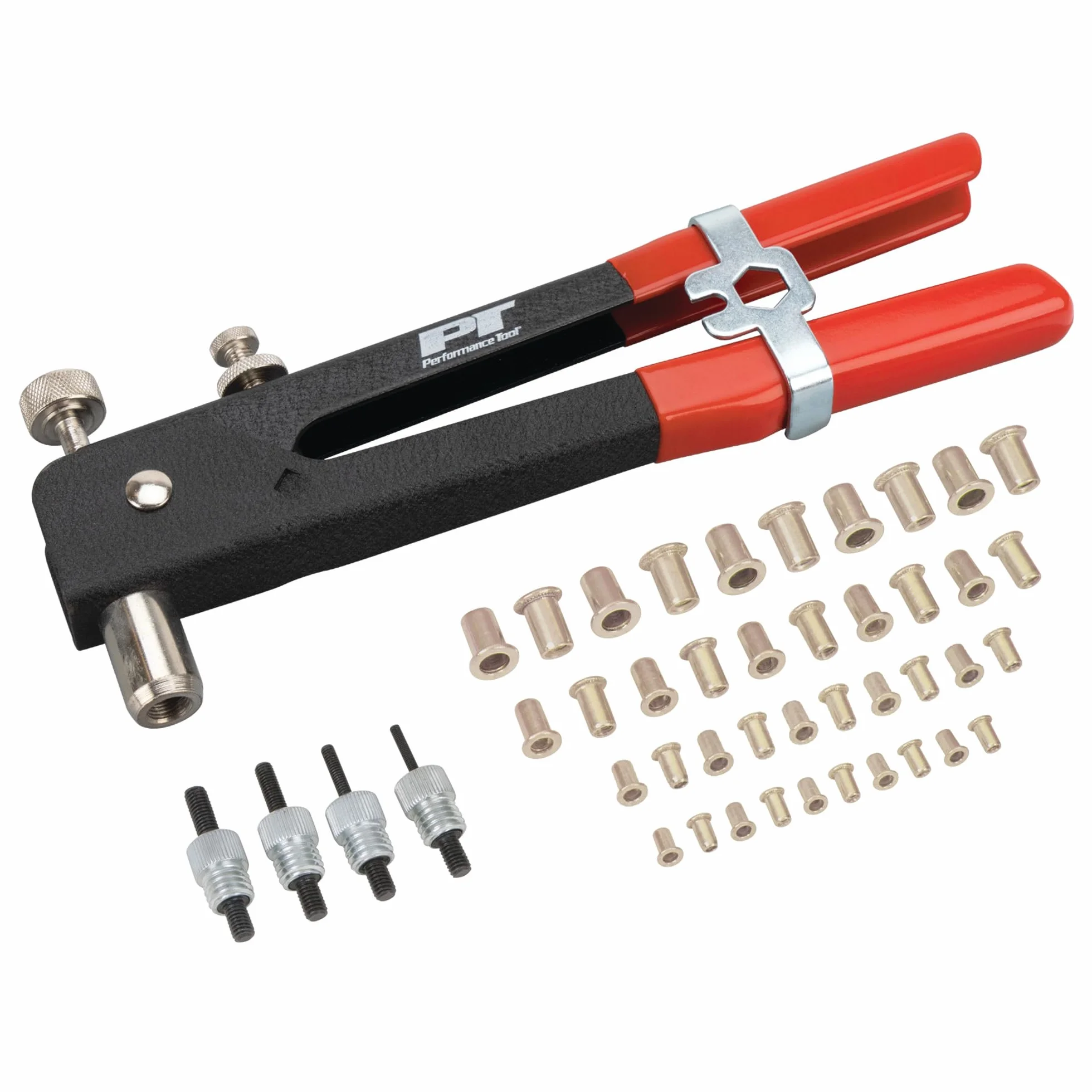 Performance Tool W2006 SAE zestaw nitownic do nitów, narzędzie do nitonowania, pistolet do nakrętek nitowych, nitownica ręczna do nitów, narzędzie do nitowania z 45 szt., metryczne nakrętki nitowane w zestawie -/32, 8-32, 10-24, 1/4-20