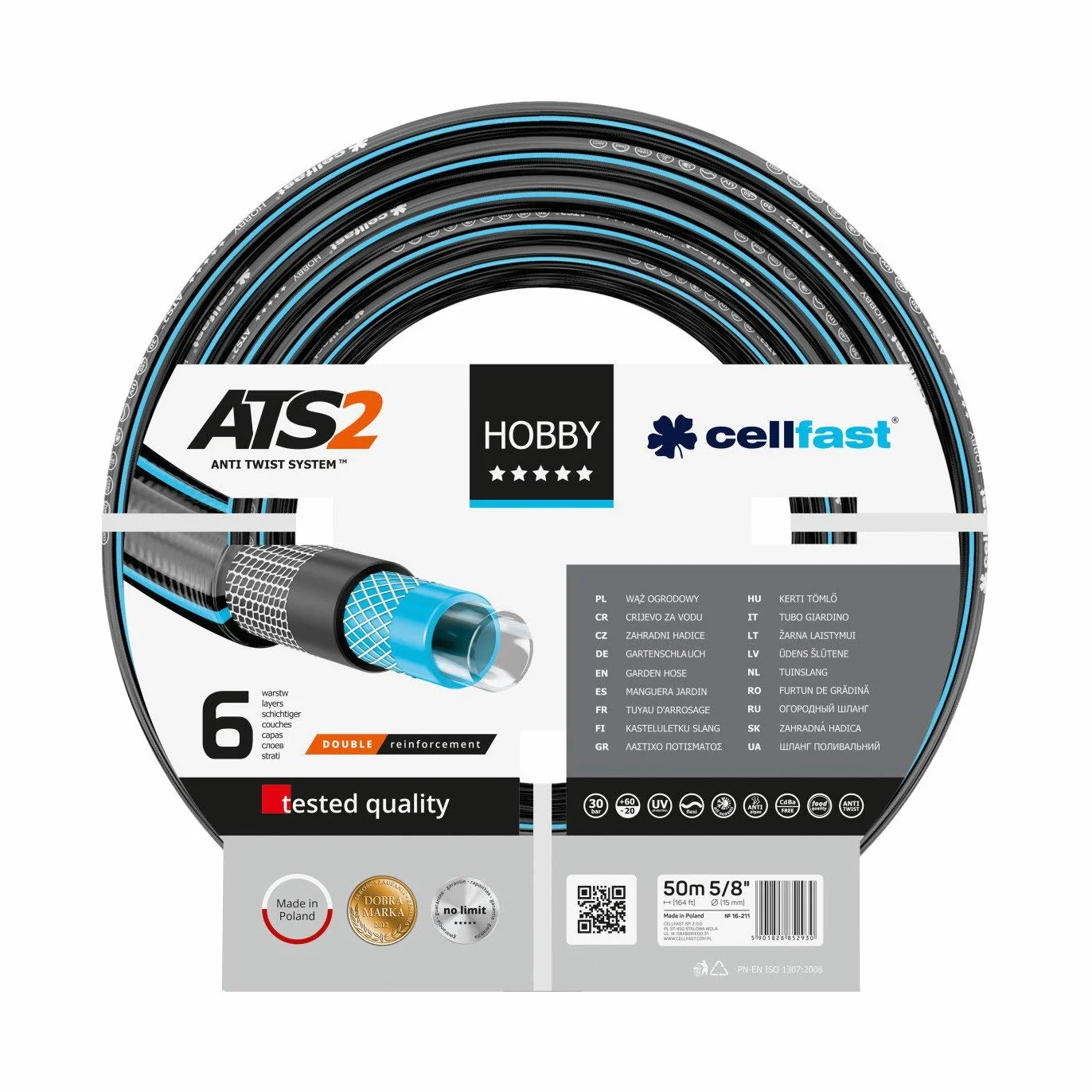 Cellfast Wąż Ogrodowy Hobby ATS2-6-Warstwowy - Wytrzymały - 5/8" 50 m - Nawadnianie Ogrodu