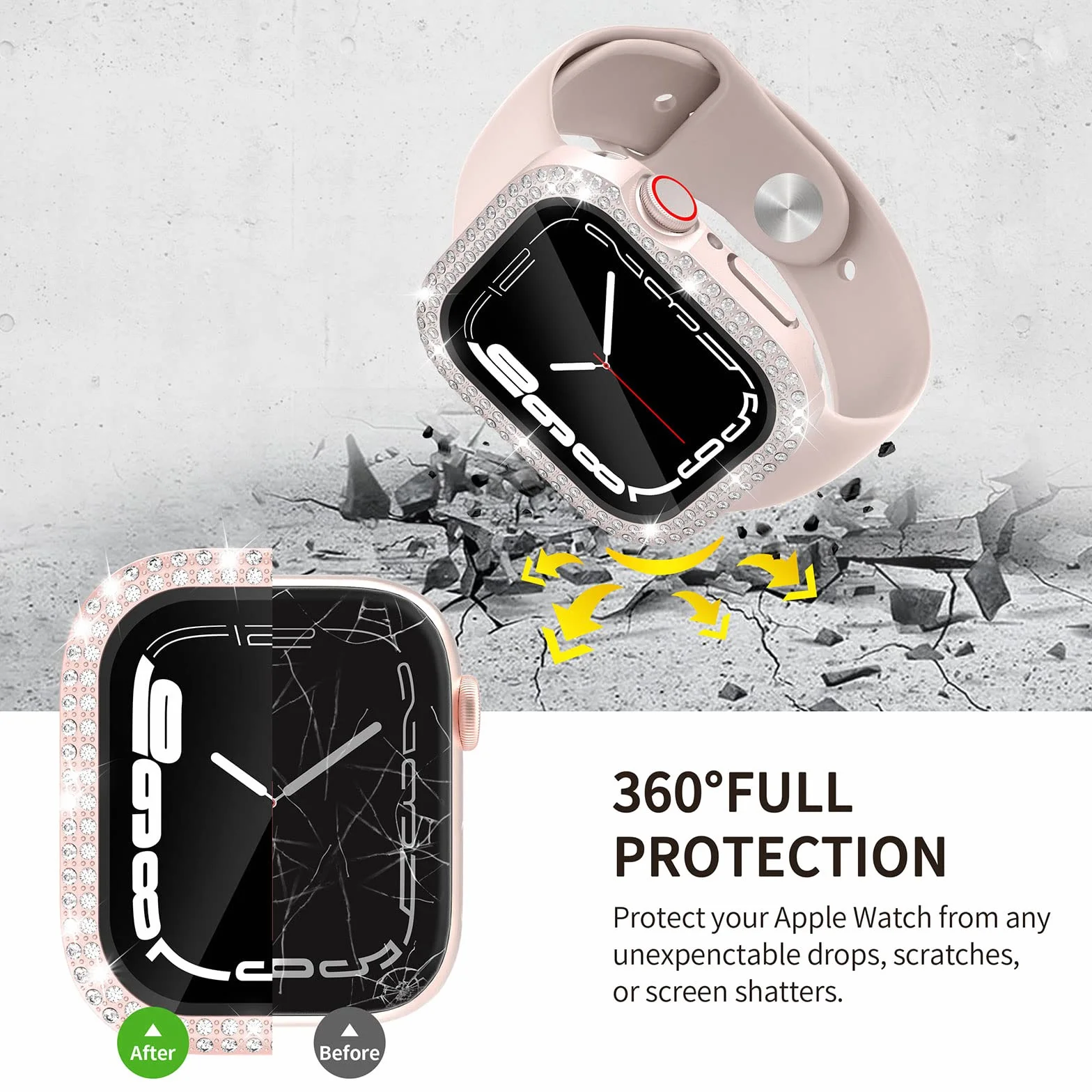 Wodoszczelne, błyszczące etui 2 w 1, kompatybilne z Apple Watch 44 mm, SE3/SE2/SE serii 6/5/4, etui ochronne iWatch z diamentami Bling stras, akcesoria, różowe
