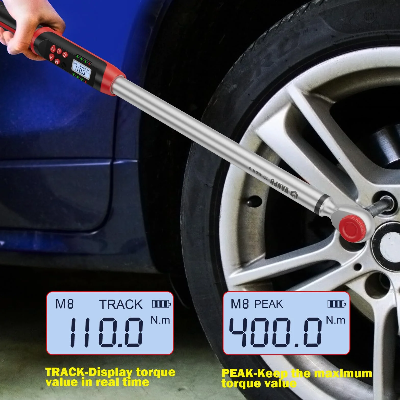 VANPO Cyfrowy klucz dynamometryczny 3/8" 4,2-85 Nm i 1/2" 20-400 Nm, dokładność błędu ± 2%, zestaw kluczy dynamometrycznych z dwukierunkową regulacją, wstępnie ustawiona pamięć, brzęczyk i wskaźnik