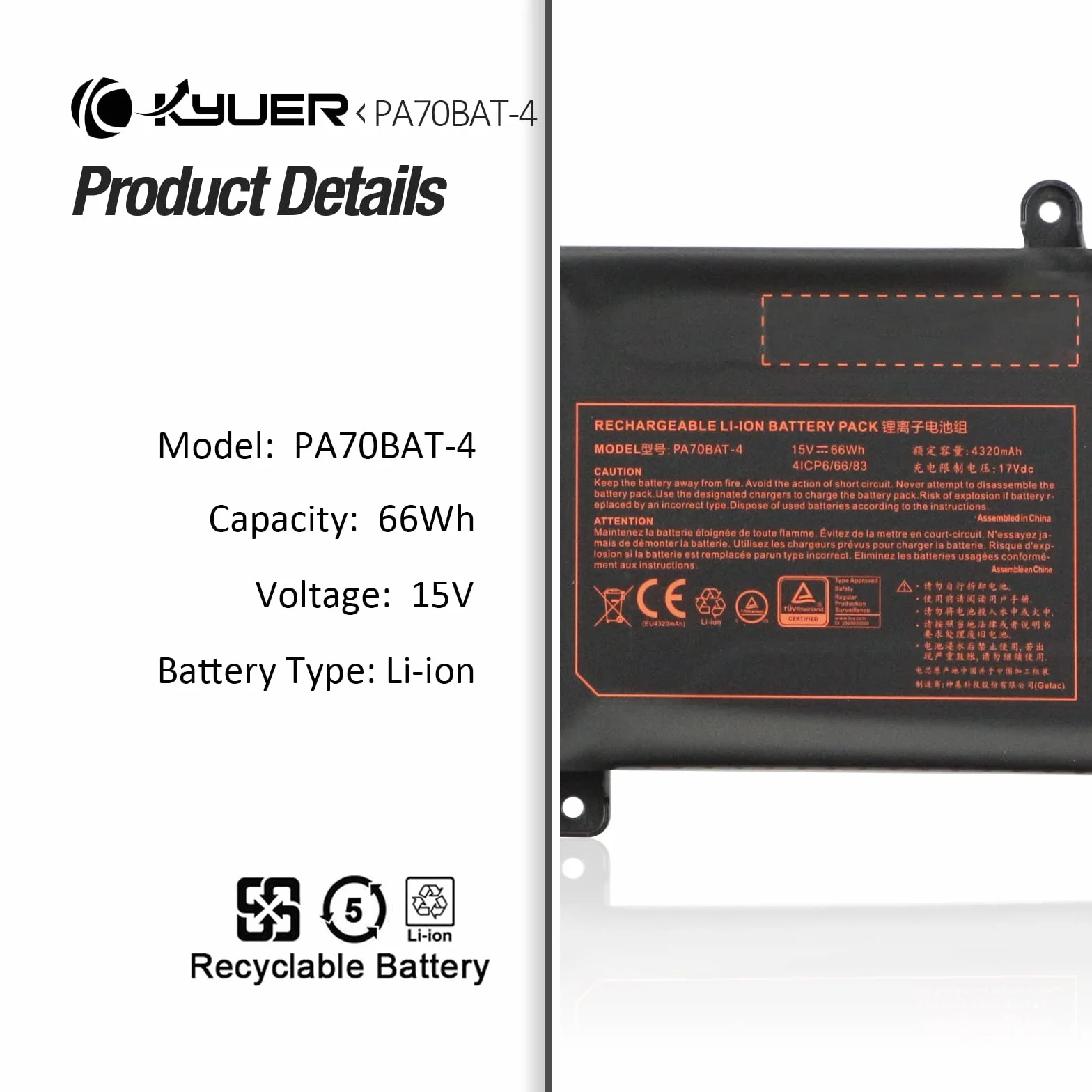 K KYUER 66Wh PA70BAT-4 Laptop Bateria do Powerspec 1710 Medion Erazer X7855 X7857 X7859 Sager NP8370 NP8373 NP8375 NP8375-S Clevo PA70HS PA71HP6 PA71HS PA71ES PA70HS-G PA71HP6-G PA71HS-G PA71ES-G
