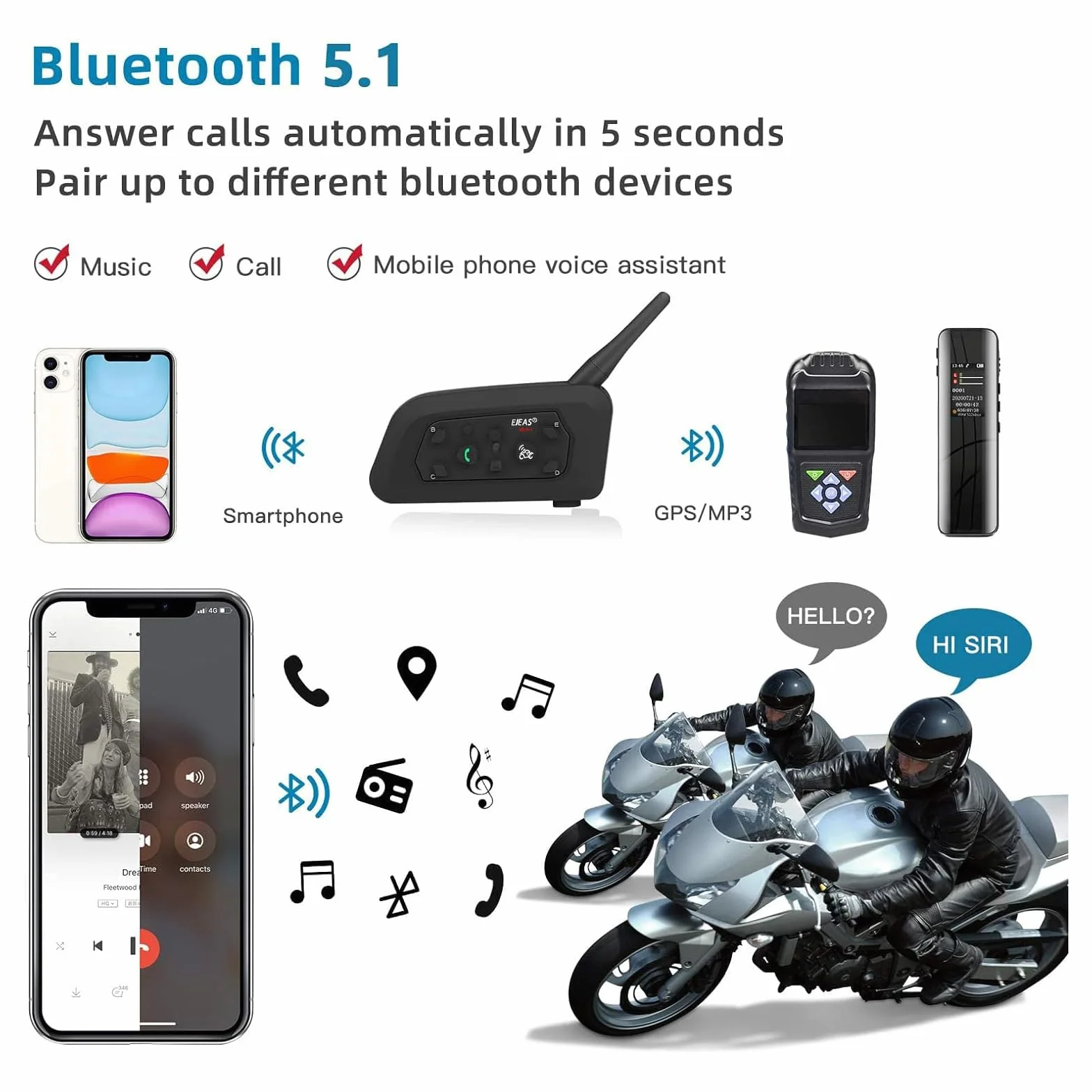 EJEAS V6 Motocyklowy interkom Bluetooth 1200m Zestaw słuchawkowy Wodoodporny GPS DSP Redukcja szumów USB-C 2 szt.