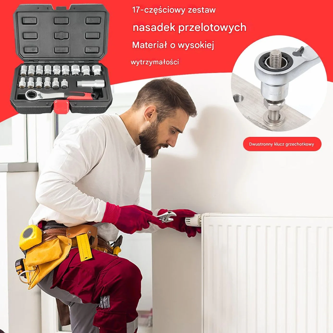 Zestaw Kluczy Nasadowych Z Grzechotką Kompaktowy zestaw narzędzi | Zestaw Narzędzi Nasadowych Do Konserwacji Pojazdów, Naprawy AGD, Instalacji Rurociągów, Prac Hydraulicznych, Prac Ele