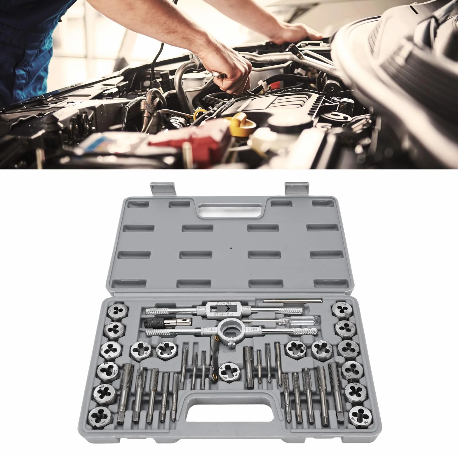 Zestaw 40 gwintowników i narzynek SAE, 4 do 1/2 cala, ze stali stopowej z grzechotką, metryczny zestaw gwintowników i narzynek SAE, zestaw narzędzi do gwintowania, zestaw narzędzi do ponownego gwint