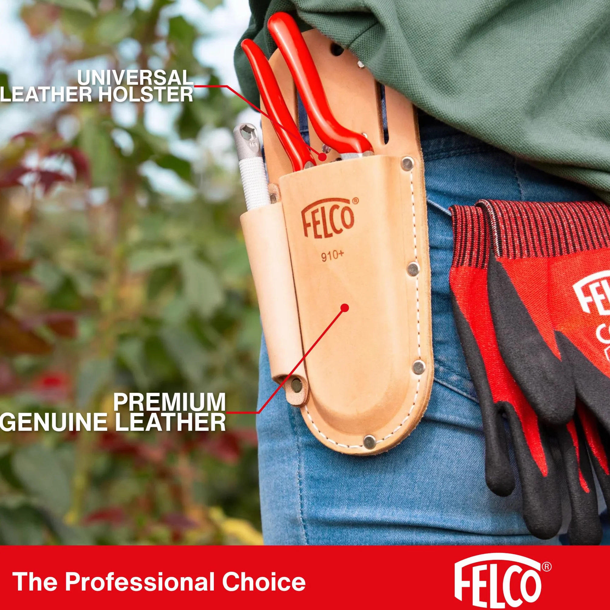 FELCO 910+ skórzana kabura na sekator i osełkę, mocowanie klips lub szlufka, trwały dodatek 120 g, model uniwersalny kompatybilny z FELCO