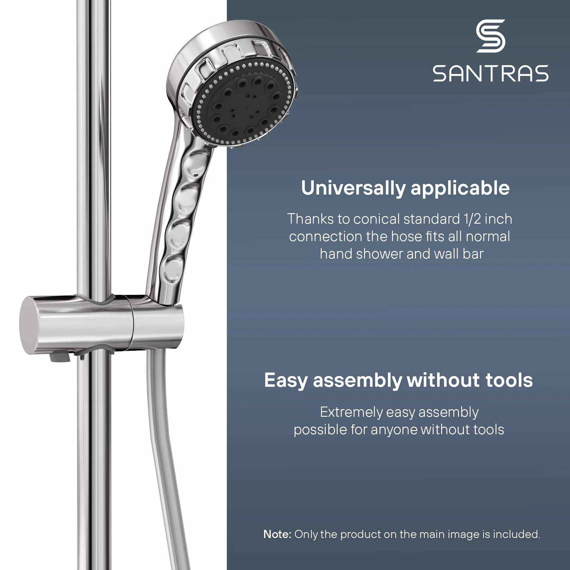 SANTRAS® Wąż prysznicowy Premium Chrome 1,50 m Made in Germany z funkcją oszczędzania wody – wyjątkowo elastyczny i odporny na skręcanie z ogranicznikiem przepływu – wąż prysznicowy o wyglądzie stali
