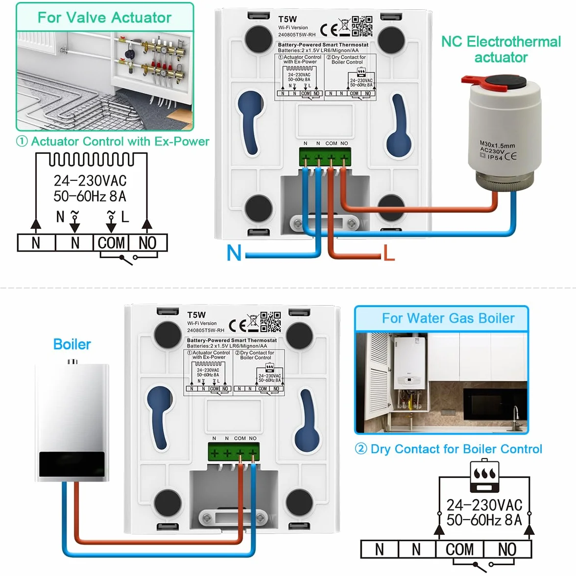 SALCAR Termostat sieciowy WiFi do kotła gazowego/ogrzewania podłogowego z wodą, programowalny z wilgotnością, kompatybilny z Amazon Alexa i Google Home, głowica termostatyczna Tuya