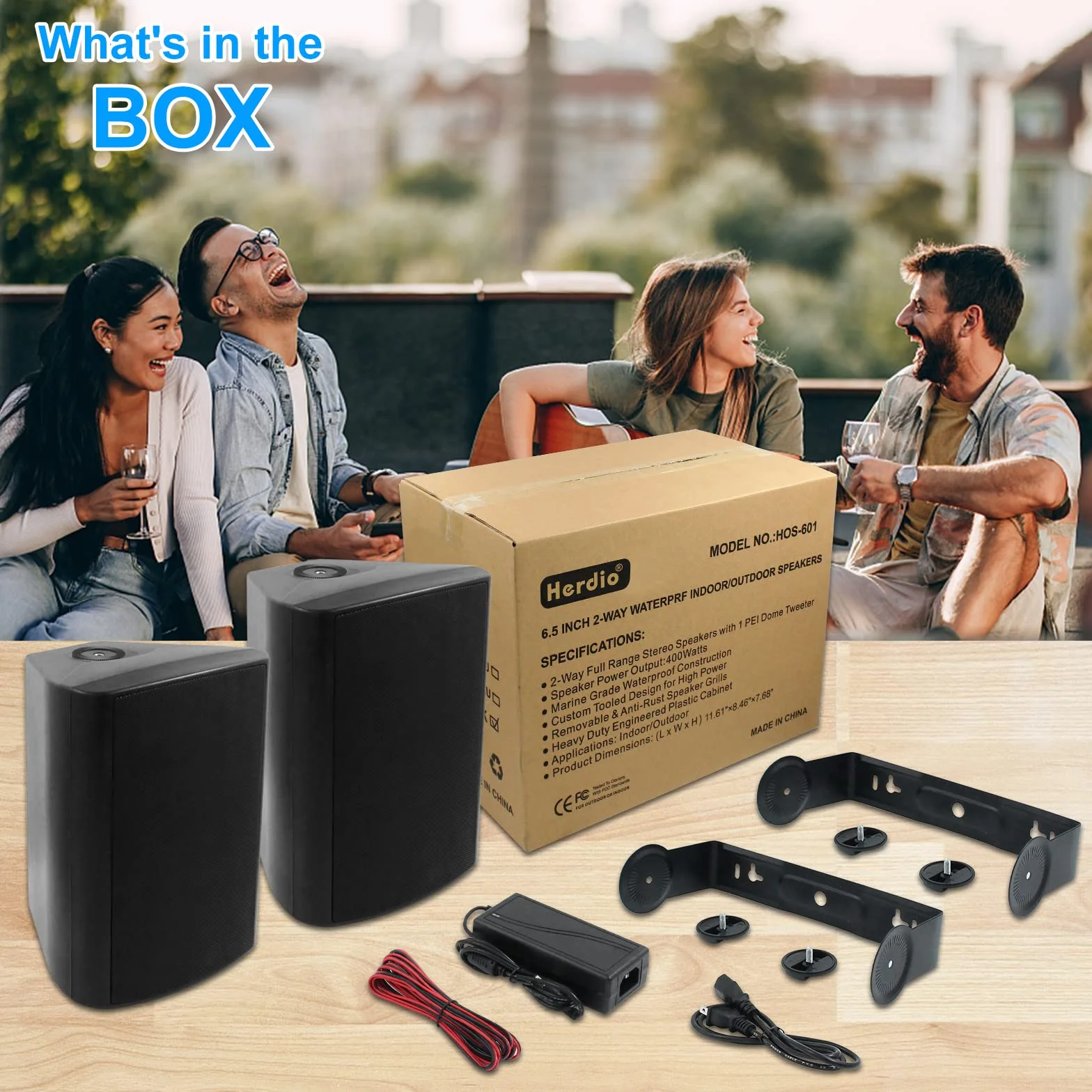 Herdio Głośnik zewnętrzny z Bluetooth, 6,5", 400 W, wodoszczelny, do ogrodu, na taras, restaurację (czarny)