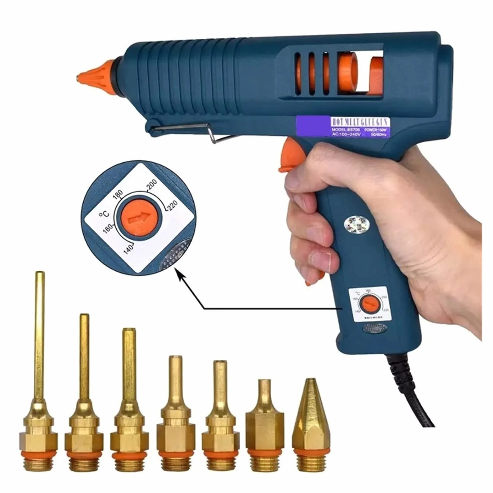 Pistolet do klejenia na gorąco 150 W, pistolet do klejenia na gorąco z kontrolą temperatury do produkcji przemysłowej, DIY domowy, 11 mm klej w sztyfcie, boquile