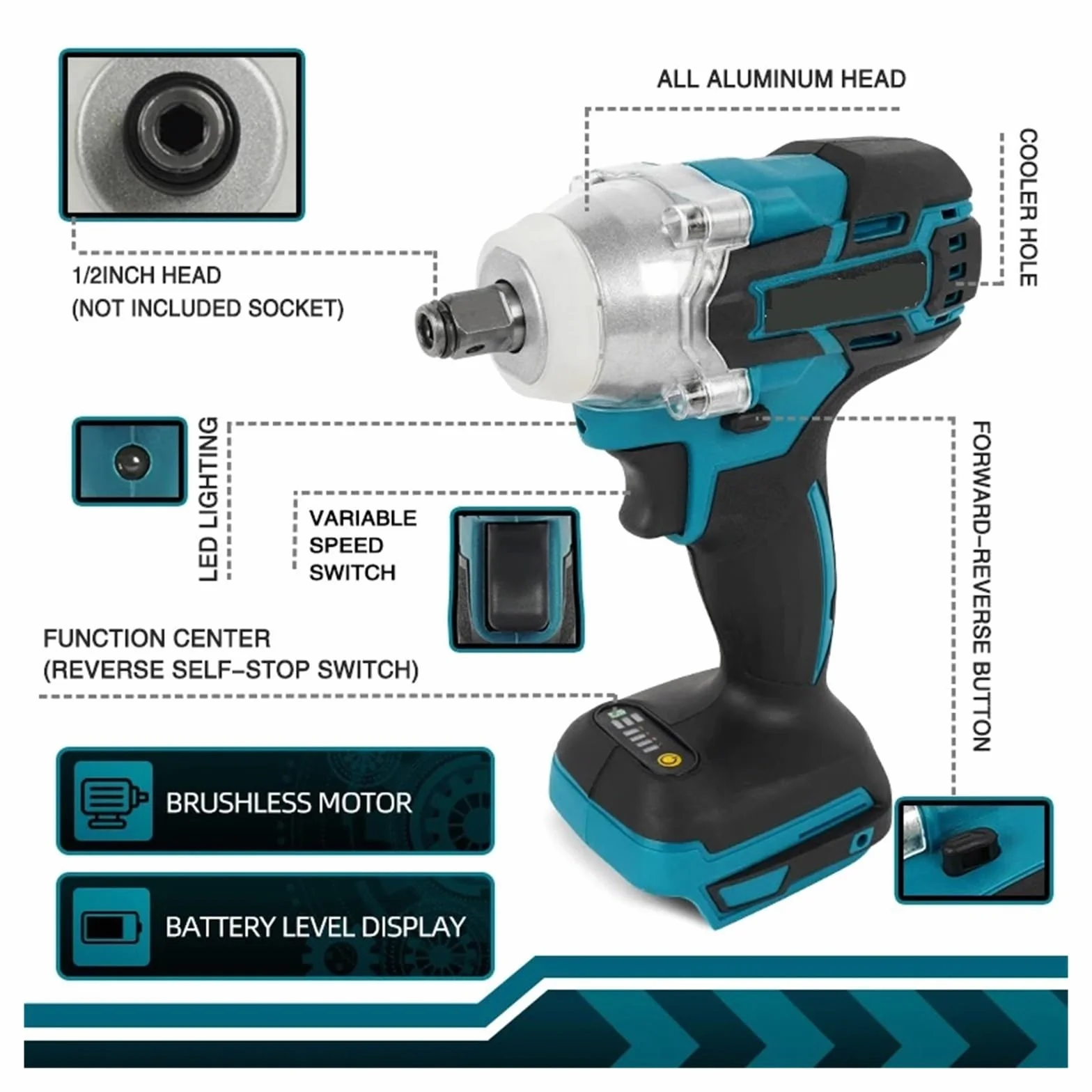 Bezszczotkowy Elektryczny Klucz Udarowy Akumulatorowy 1/2 Cala Elektronarzędzia Kompatybilne Z Akumulatorem 18 V Pracuj Wydajnie(Blue)