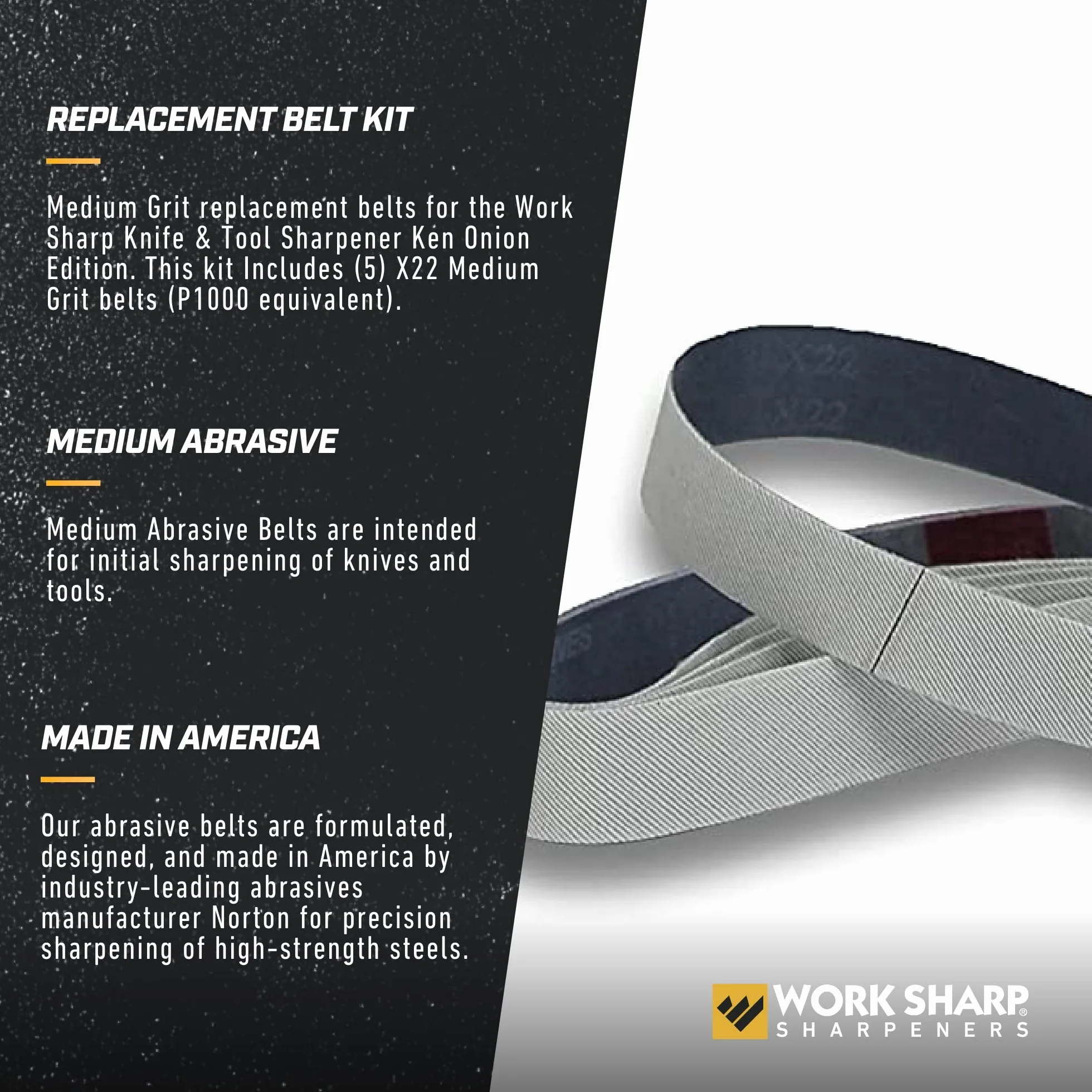 WORK SHARP & Ken Onion Zestaw Pasów – WSSAKO81119 Przystawka do Szlifierki do Ostrzy z Zestawem Pasów o Średniej Ziarnistości – Zestaw Wymiennych Taśm do Ostrzałki do Noży i Innych Narzędzi