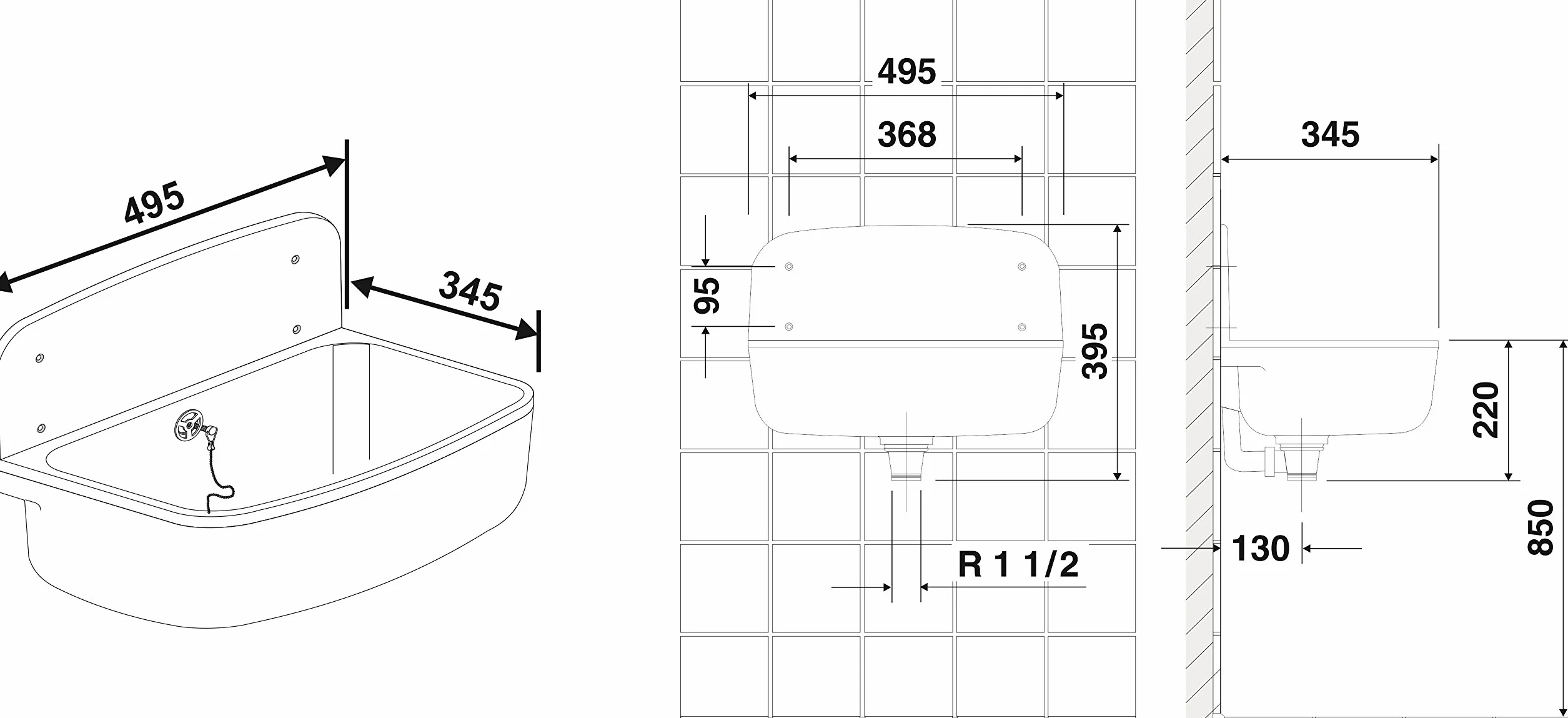 Cornat WAGB4926 umywalka ścienna z zestawem odpływowo-przelewowym, tworzywo sztuczne, 495 mm, 1 sztuka, granit, WAGB4926