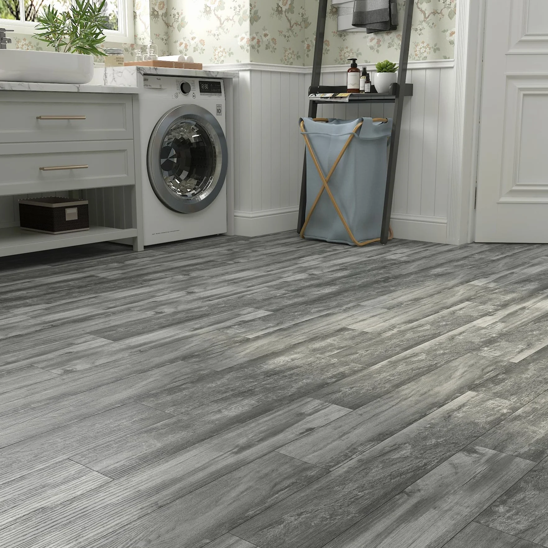 Decotalk 90 x 15 cm, 35 sztuk, szara struktura drewna, samoprzylepne naklejki podłogowe z PCW, nowoczesne i stylowe rozwiązanie podłogowe do ulepszenia Twojego domu, idealne do dużych pomieszczeń