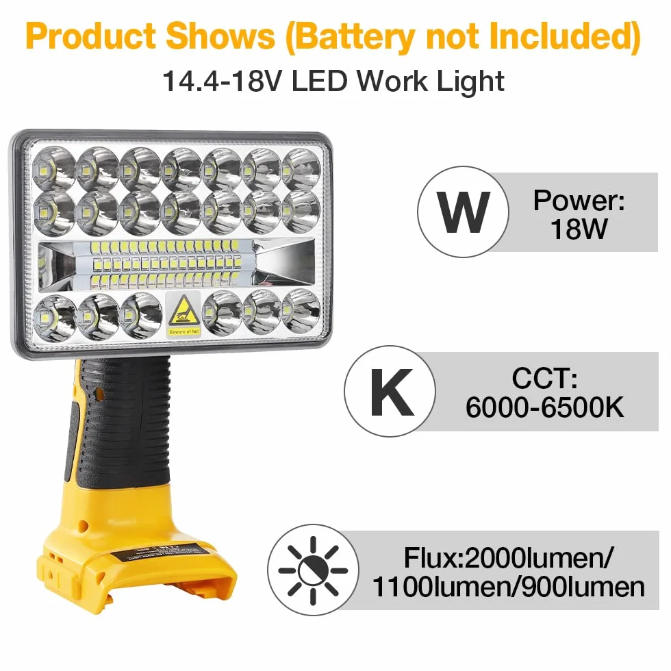 18 W 2000 lm wielofunkcyjne bezprzewodowe światło robocze LED dalekiego zasięgu reflektor z portem USB kompatybilny z baterią litową Dewalt 18 V do latarki zewnętrznej, światła pracy, obozowego (bez baterii)