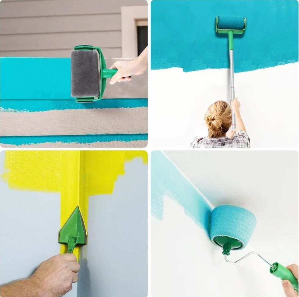 Zestaw wałków do malowania z drążkiem przedłużającym i systemem zapobiegającym rozpryskiwaniu narożników i nalewaczem w zestawie Easy Flow Blue Paint Runner Pro Kit