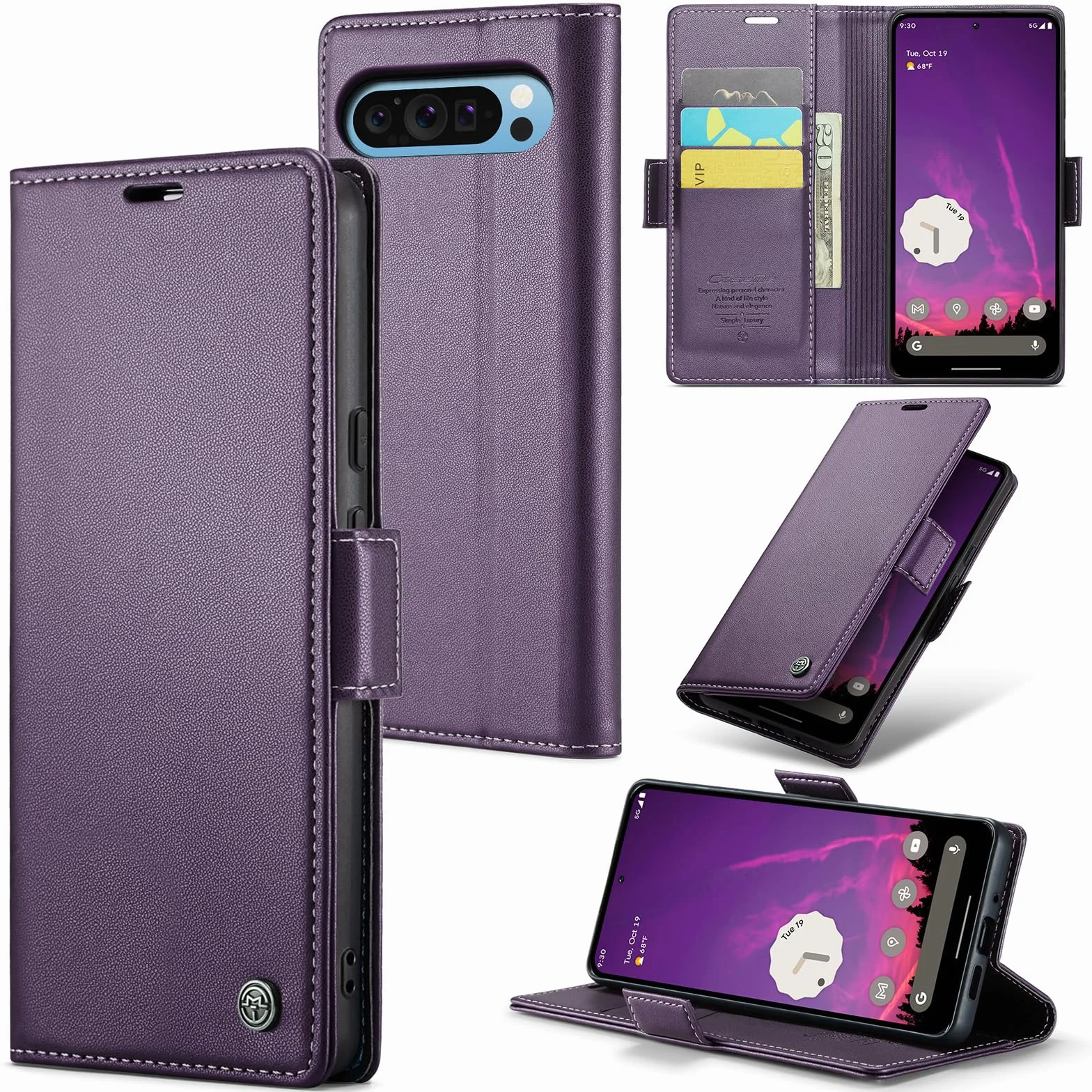 Etui do Google Pixel 9 Pro XL, wysokiej jakości skórzane portfela Case z [blokada RFID] stojak magnetyczne karty klapką ochrona obudowa Kompatybilne Google Pixel 9 Pro XL, Fioletowy