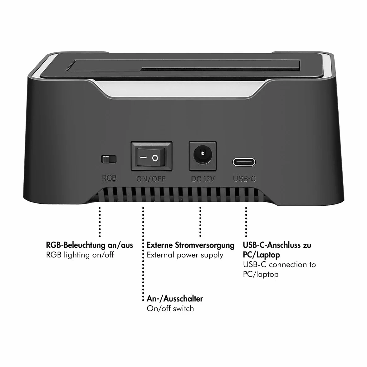 LogiLink USB-C 3.2 Gen1 stacja dokująca do 2,5" i 3,5" SATA HDD/SSD RGB Thunderbolt