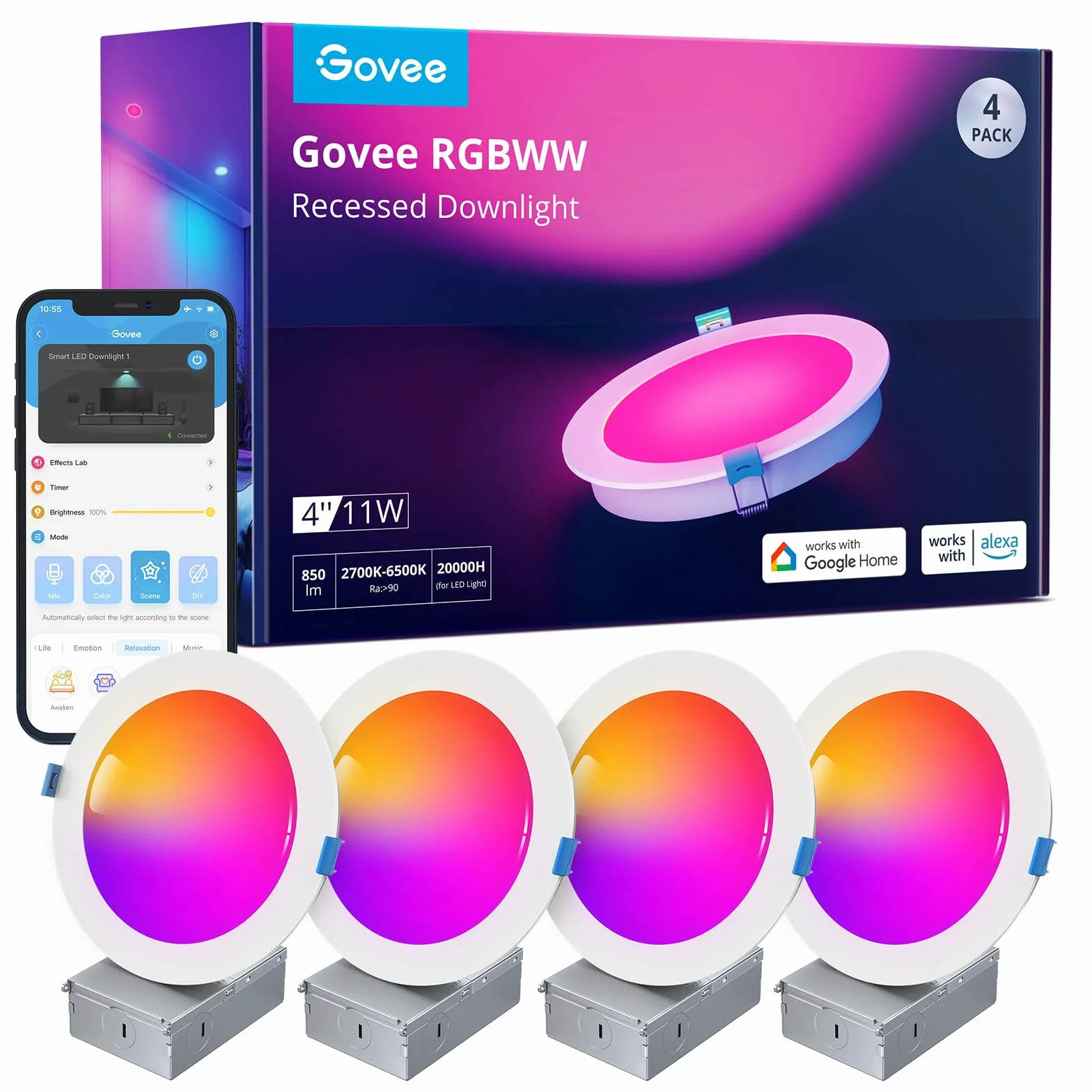 Govee Smart LED Reflektor do Zabudowy 11 W, RGBWW Lampy 120 mm, Ściemniane, Ultrapłaskie Reflektory Sufitowe, Kompatybilne z WiFi i Alexa 850 lm, do Łazienki