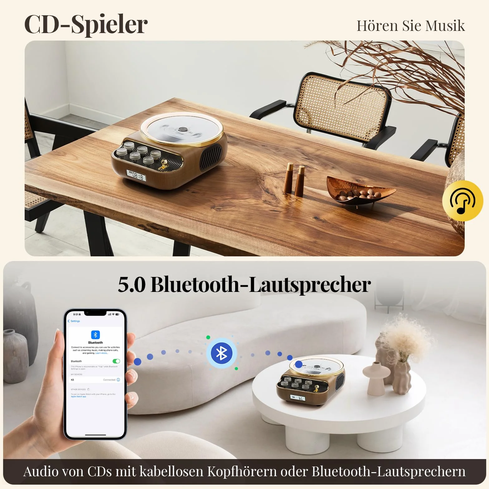 Przenośny odtwarzacz CD retro z Bluetooth 5.3, radio FM, głośnik HiFi, lampka nocna
