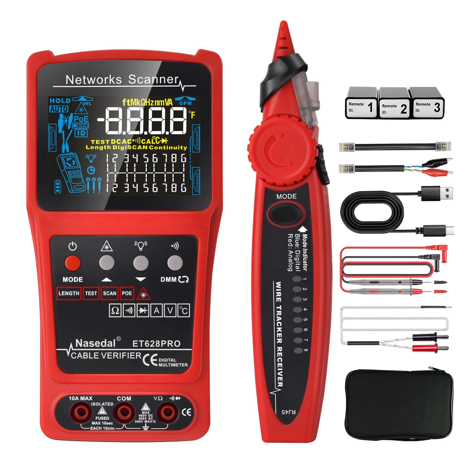Network Cable Tester Wire Tracker Tone Generator Ethernet Tester Multimetr VFL 3 w 1 RJ45 CAT5 CAT6 CAT7 CAT8 RJ11 Tone BNC Tester PoE Test Cable Length Cable Mapping Test Port Flashng 3 szt. Remote