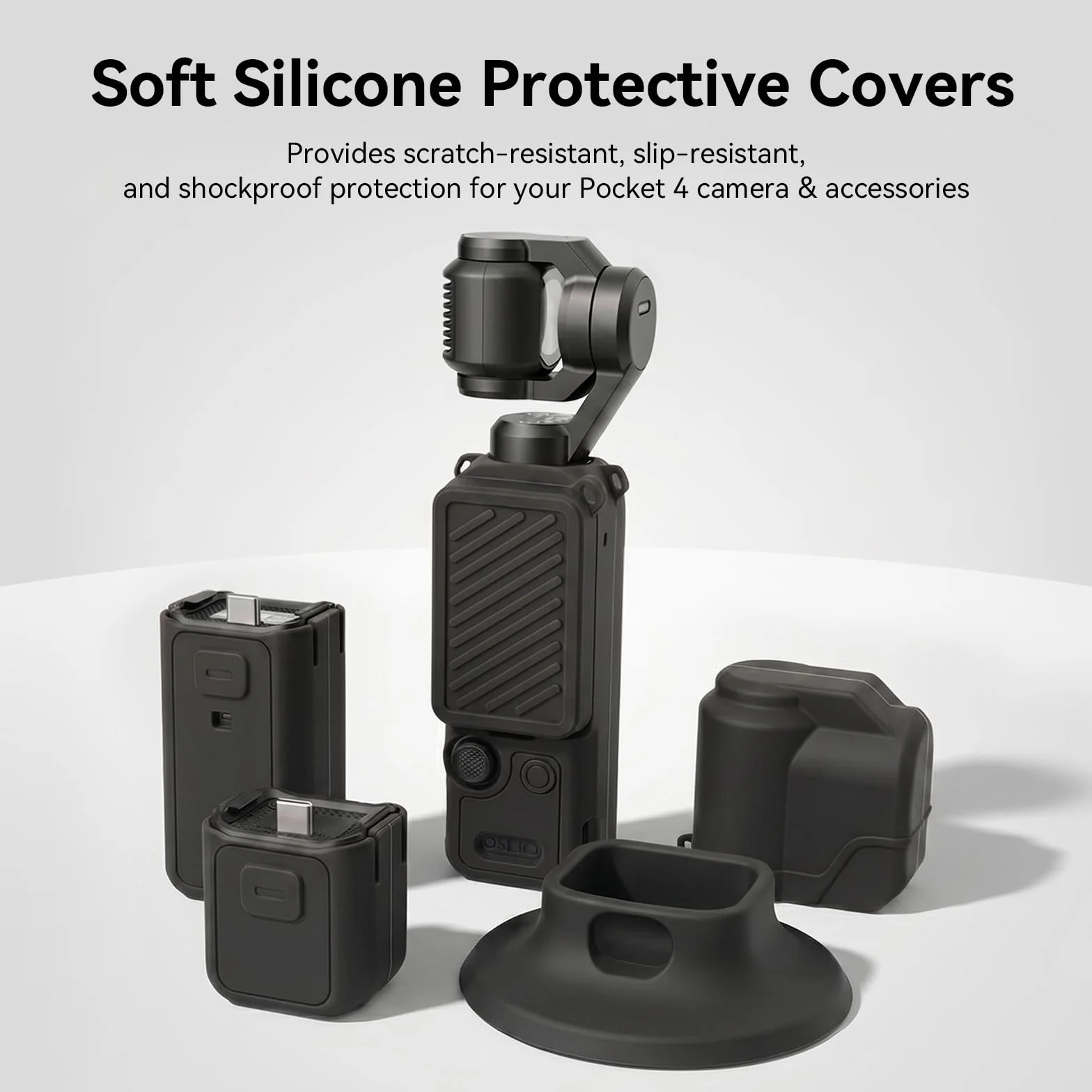 AMAZEAR Silikonowe etui do DJI OSMO Pocket 4, akcesoria, miękkie etui ochronne, zestaw combo z hartowanego szkła, ochrona wyświetlacza, ochrona obiektywu, silikonowy stojak (czarny)