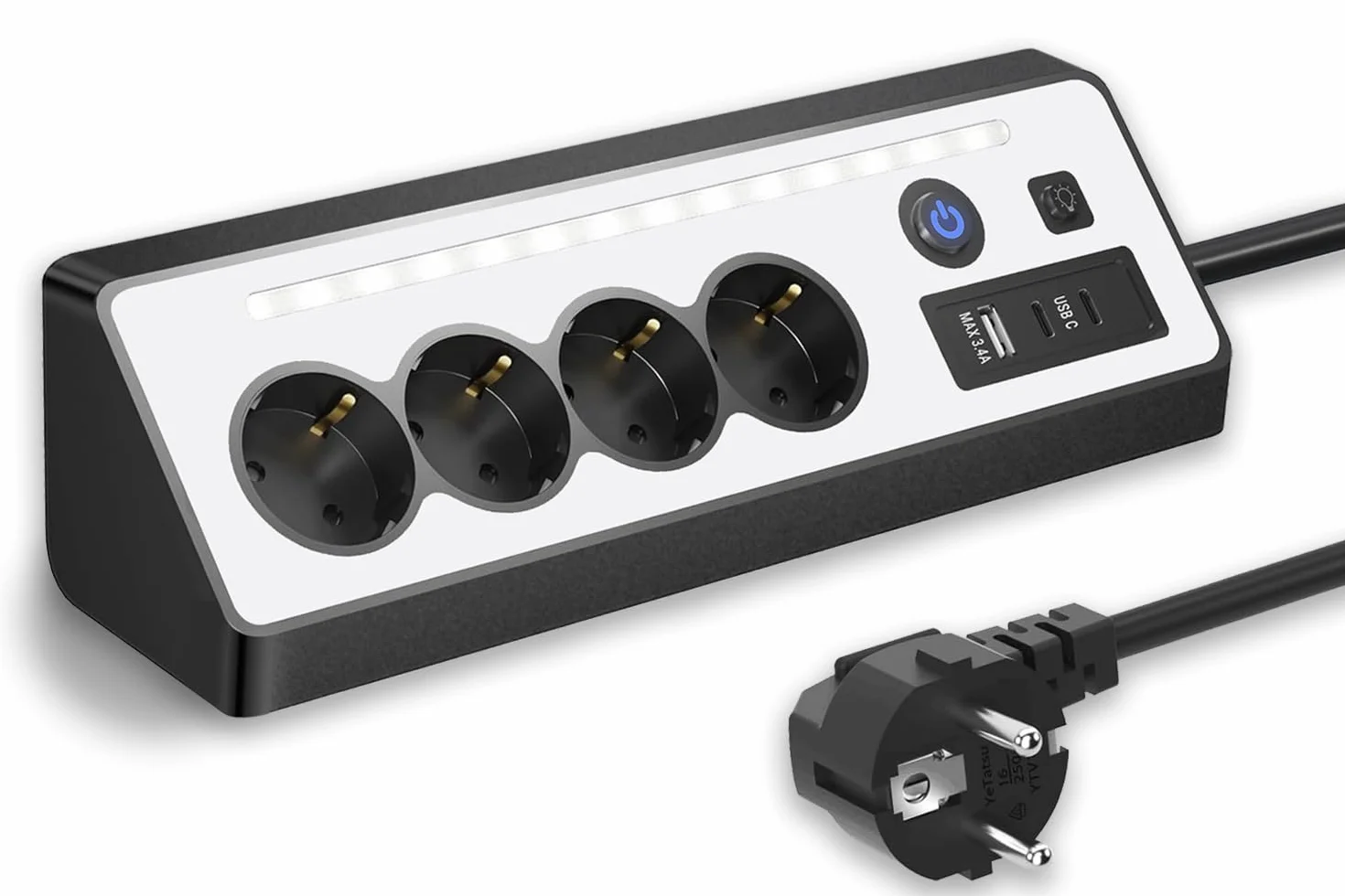 Listwa zasilająca narożna, listwa zasilająca, 4 gniazda wtykowe z USB i 2 typami C, listwa zasilająca, ochrona przed przepięciem z diodami LED, kabel 1,5 m, do kuchni, biura, czarna