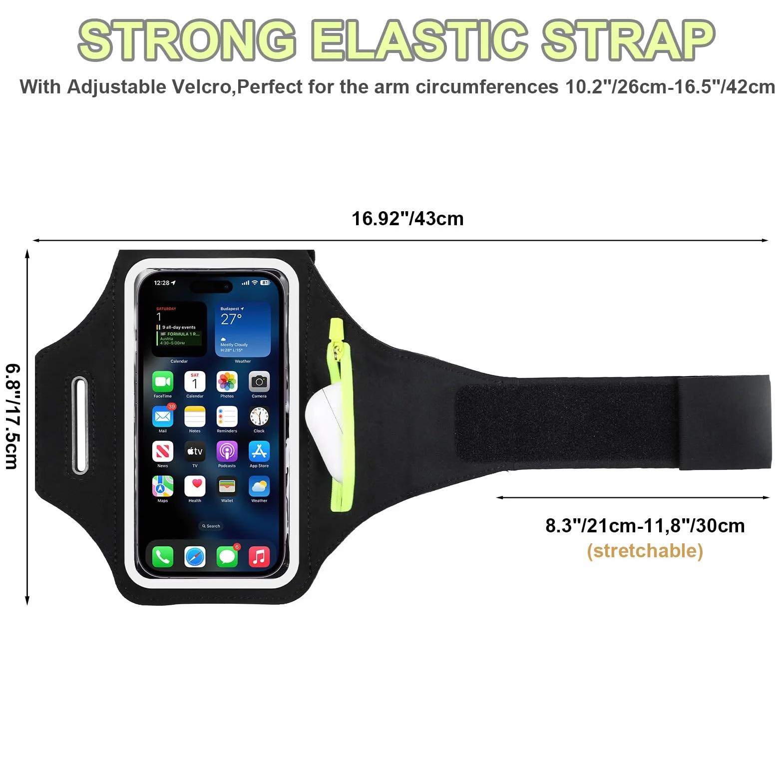 Opaska sportowa z kieszenią na słuchawki, wodoodporna opaska na ramię z uchwytem na telefon, pasuje do iPhone 16/15/14/13 Pro, Galaxy S25/S24/S23, Huawei, Xiaomi, Pixel do 6,8"