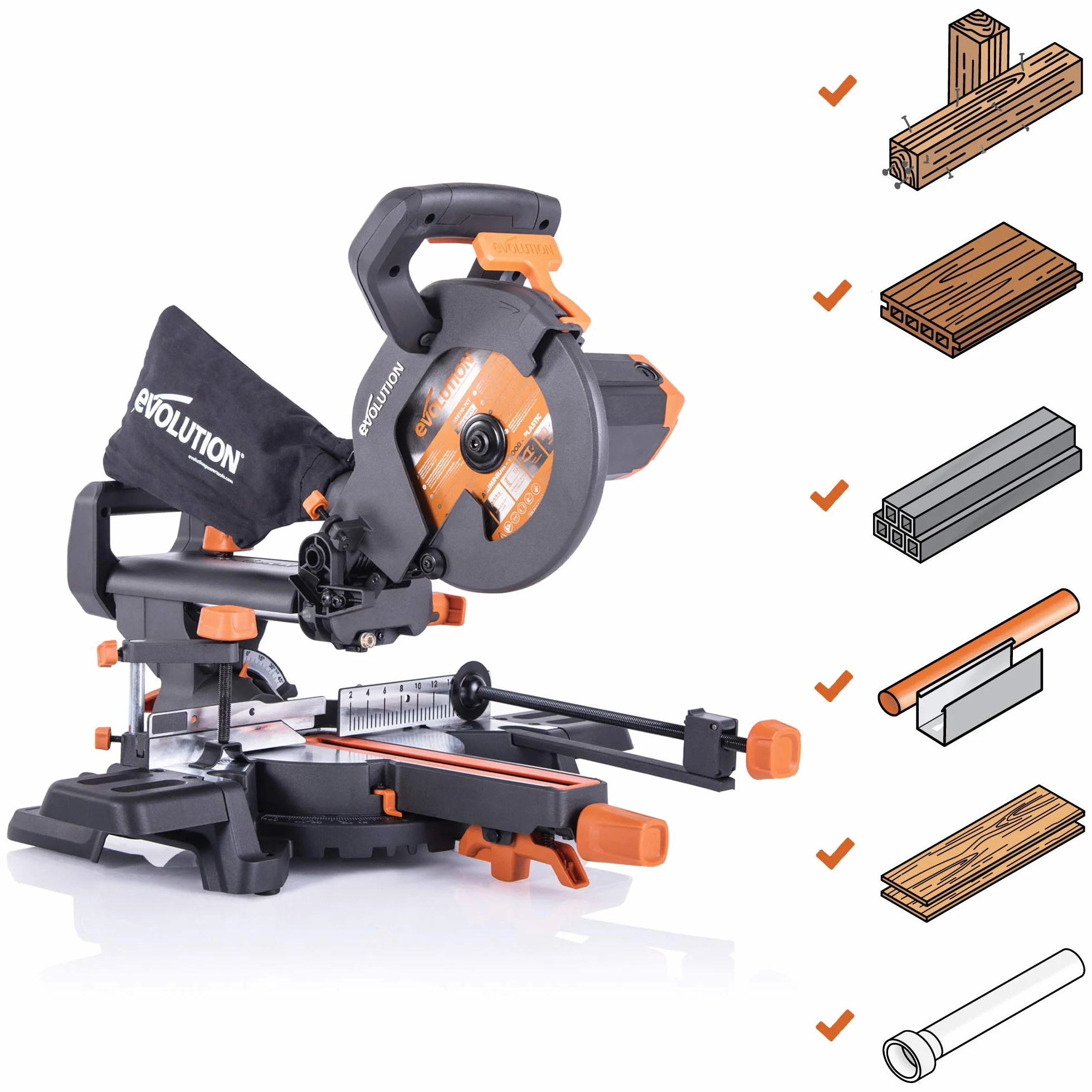 Evolution Power Tools Przesuwna ukośnica do cięć złożonych Plus R210SMS+ – w zestawie tarcza do różnych materiałów, tnie drewno, metal, plastik i inne, cięcie z nachyleniem i ukośne, 210 mm (230 V)