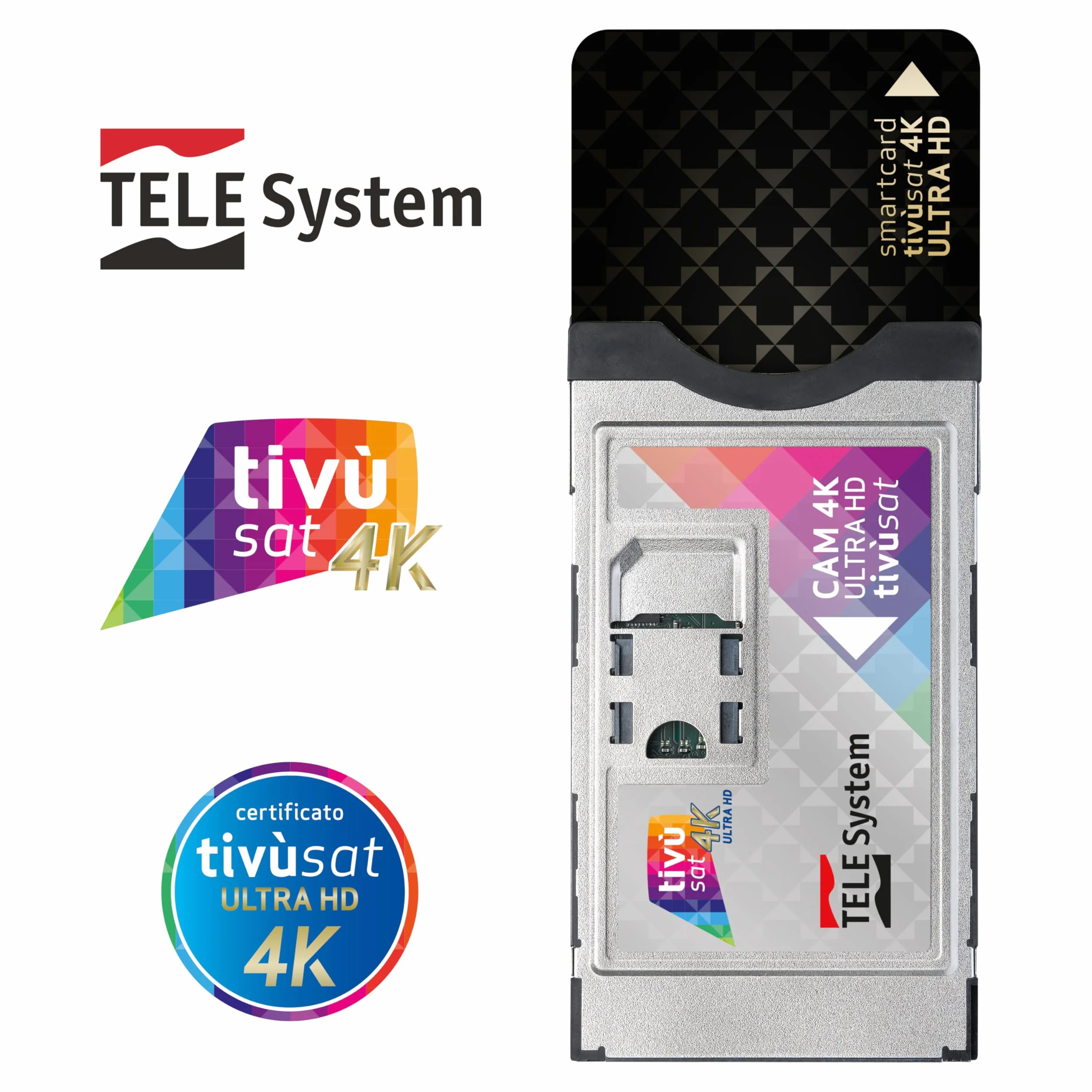 TELE System Tivùsat 4K Ultra HD certyfikowana kamera do oglądania kanałów w wysokiej rozdzielczości i 4K. Slot Cam do telewizora i dekodera, aktywna karta inteligentna w zestawie. Seria A z DAZN na