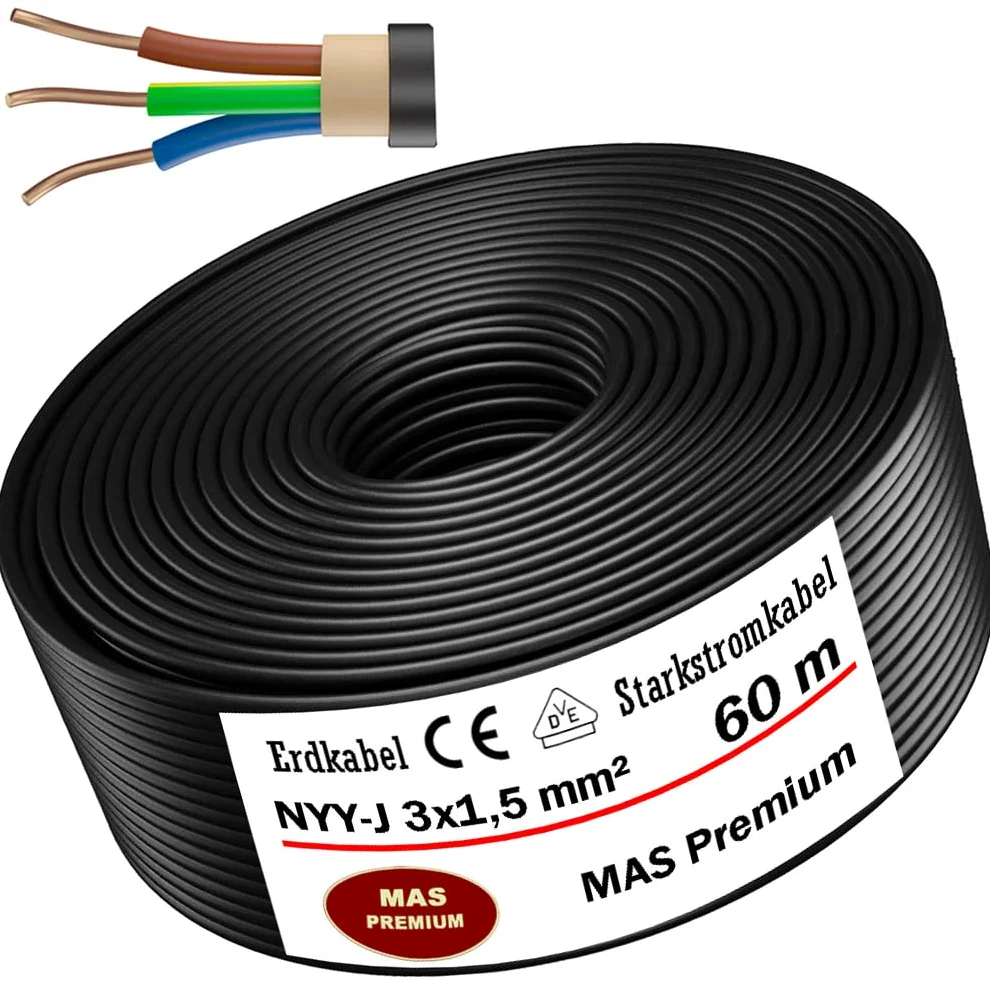 Kabel ziemny, kabel zasilający od 5 m do 170 m NYY-J 3 x 1,5 mm², kabel elektryczny pierścień do układania na wolnym powietrzu, w ziemi (60 m)