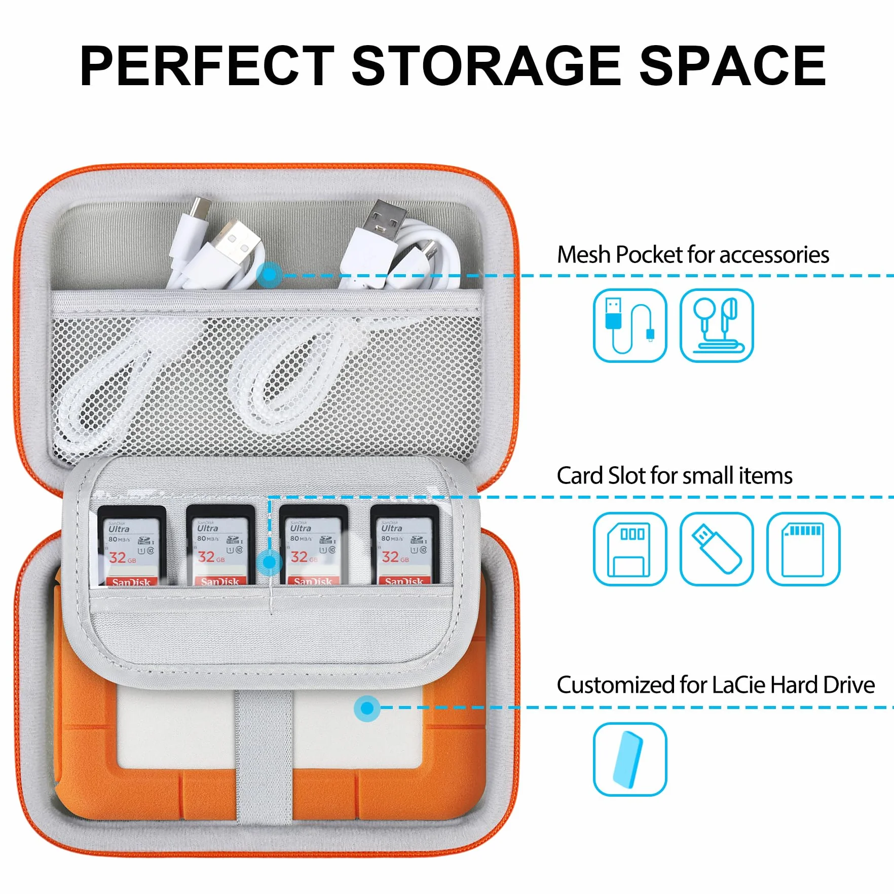 Lacdo Futerał na dysk twardy LaCie Rugged Mini Thunderbolt USB-C EVA Torba podróżna Czarna Orange