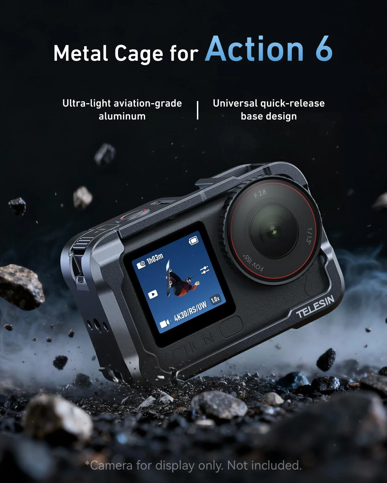TELESIN Klatka na kamerę DJI Osmo Action 6, aluminiowa obudowa ochronna z gwintem 1/4"