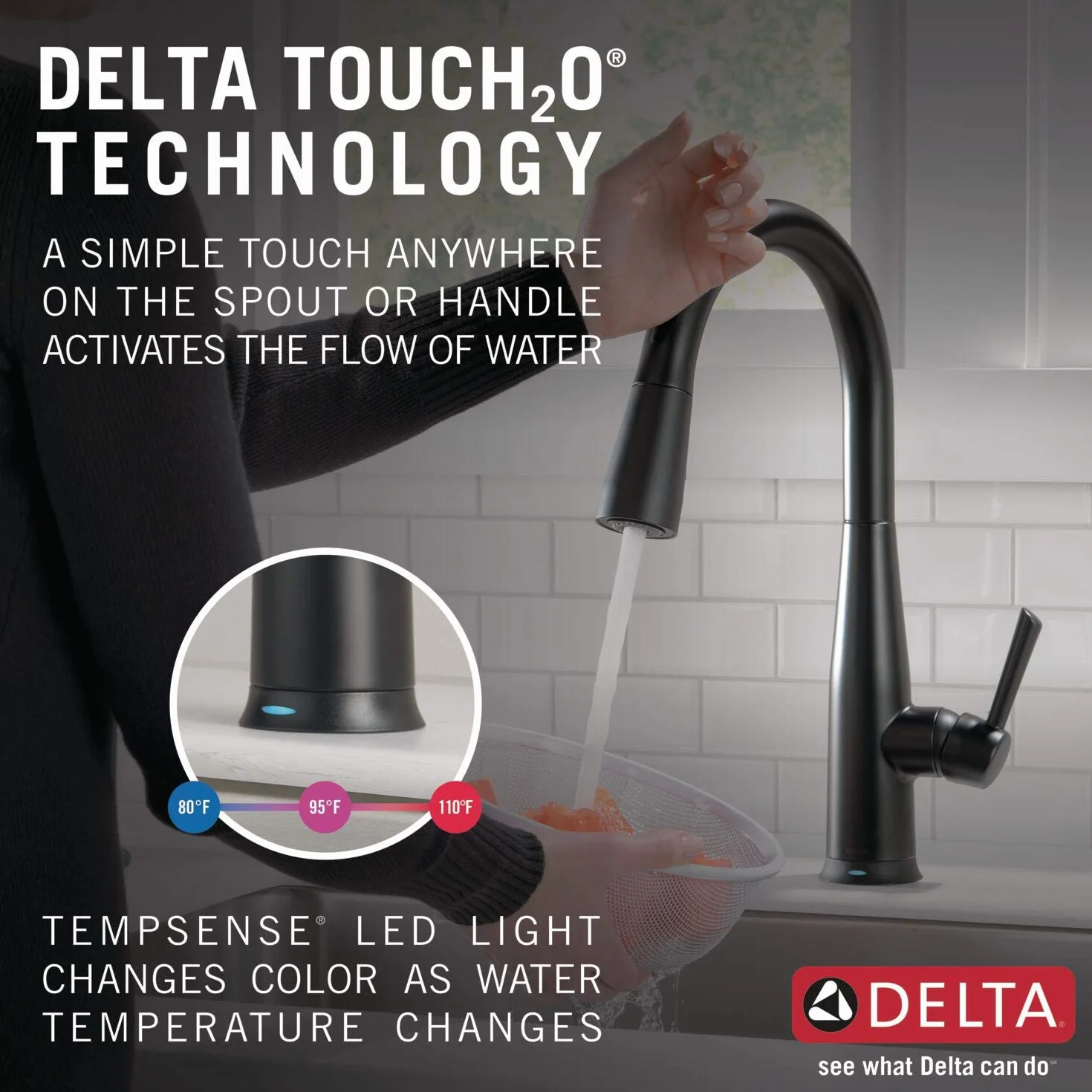Delta Faucet Essa Matowa czarna bateria kuchenna dotykowa, dotykowe baterie kuchenne z wyciąganym opryskiwaczem, bateria zlewozmywakowa, bateria kuchenna czarna, technologia Touch2O, matowa czerń