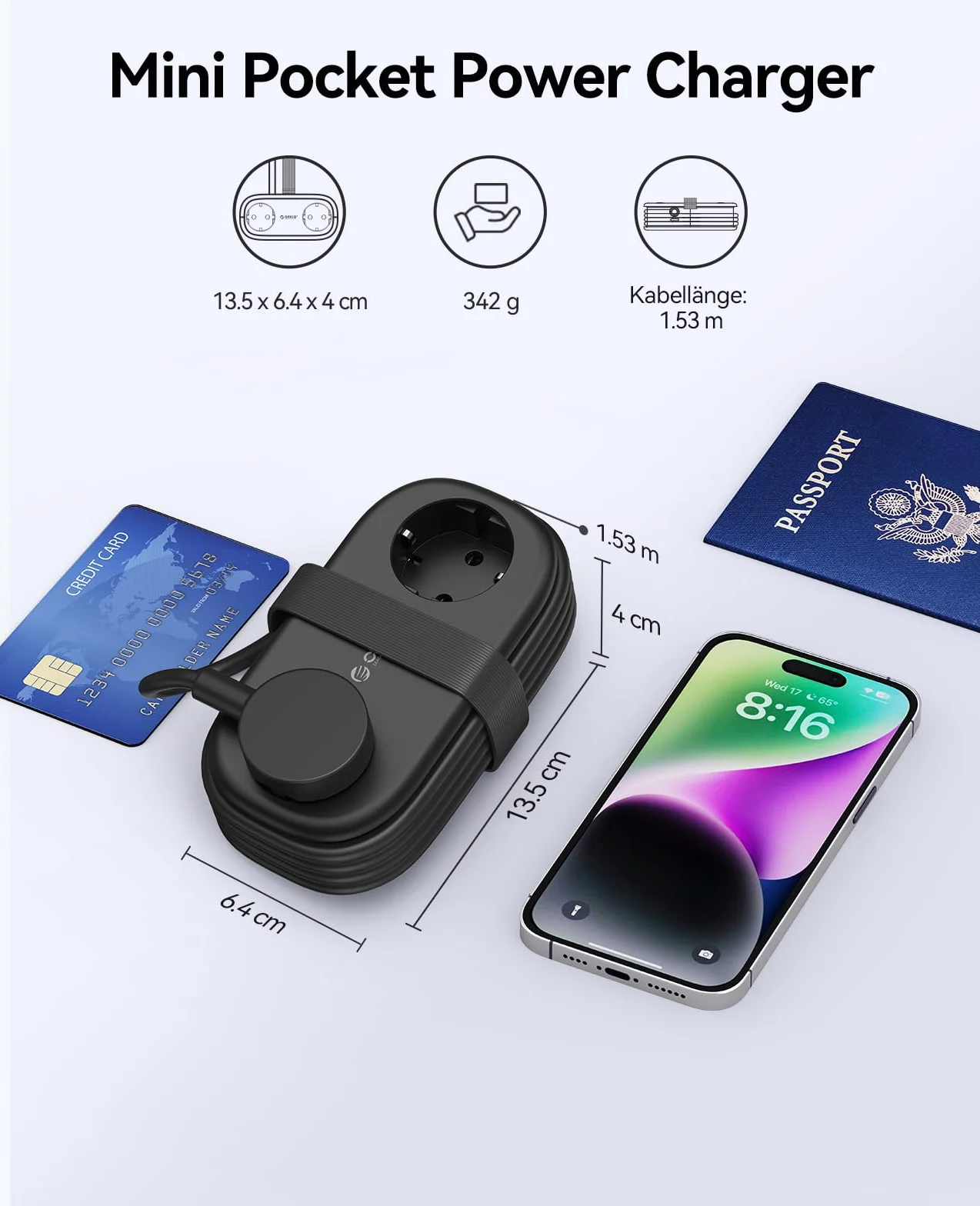 ORICO Listwa zasilająca z USB C PD 20 W, 2 przegródki, wielokolorowe gniazdko podróżne i 3 porty USB (1 USB C) do ładowania, kompatybilna z telefonem, z kablem o długości 1,5 m, do domowego biura na
