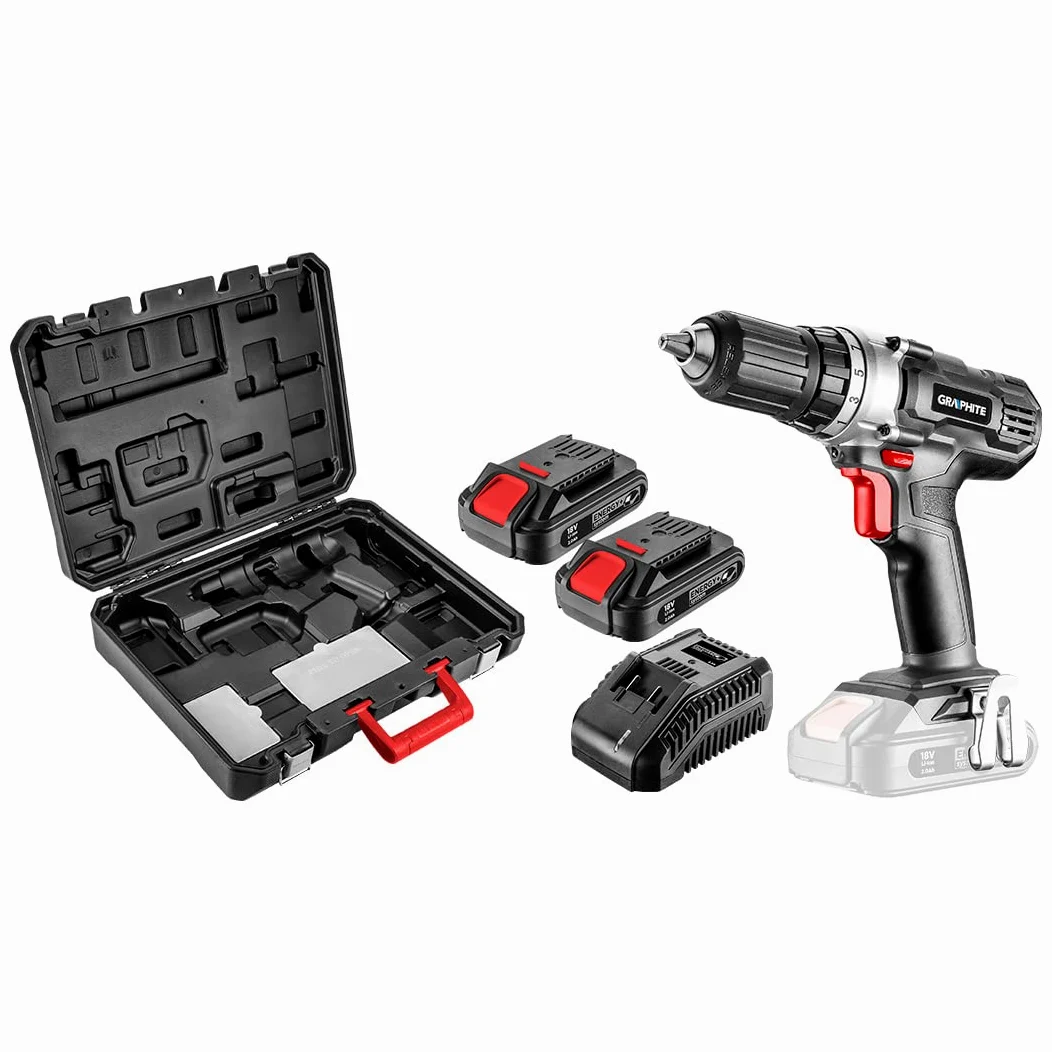 GRAPHITE Wiertarko-wkrętarka akumulatorowa 18 V Energy +, wiertarka/wkrętarka z dwoma akumulatorami 2,0 Ah i ładowarką w walizce, uchwyt wiertarski 13 mm