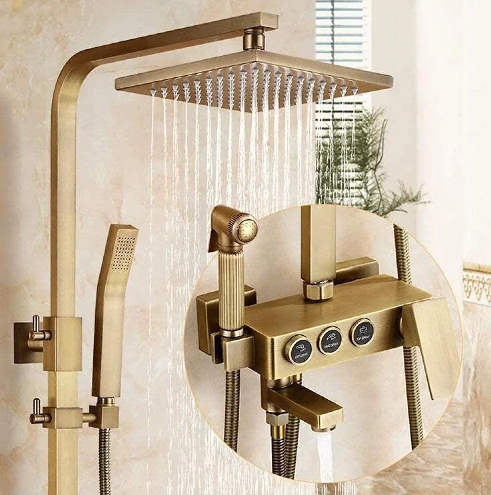 Zestaw prysznicowy Herzche Bathroom Retro Rainfall Shower System z szczotkowanego mosiądzu, bateria wannowa, ścienny termostatyczny zestaw prysznicowy z deszczownicą, dekor,