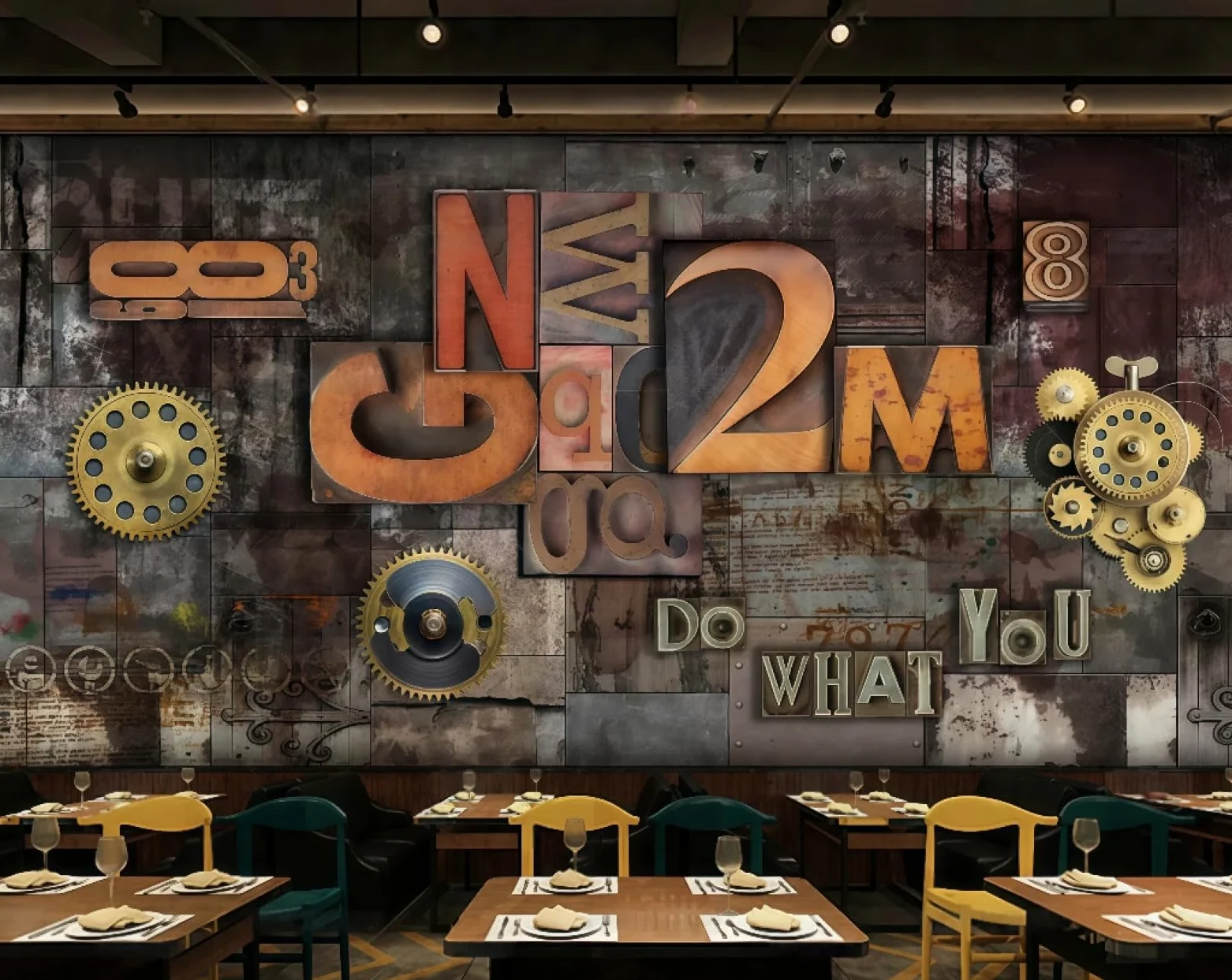 Tapeta retro żelazo mechaniczna przekładnia trójwymiarowa litera motyw bar zachodnia restauracja tło ścienne popołudniowa herbata kawa tapeta, 3D, 350x245cm