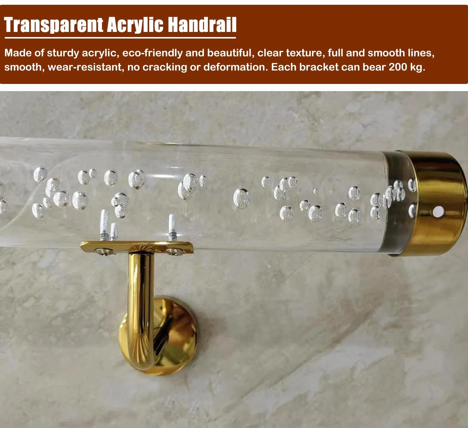 Poręcz do Schodów Zestaw Poręczy Schodowych z Przezroczystego Akrylu z Zaślepkami I Wspornikami, Poręcz Schodowa Wewnętrzna I Zewnętrzna do Ściany/akrylowe Tralki Schodowe, Poręcz Schodowa(Gold Bracke