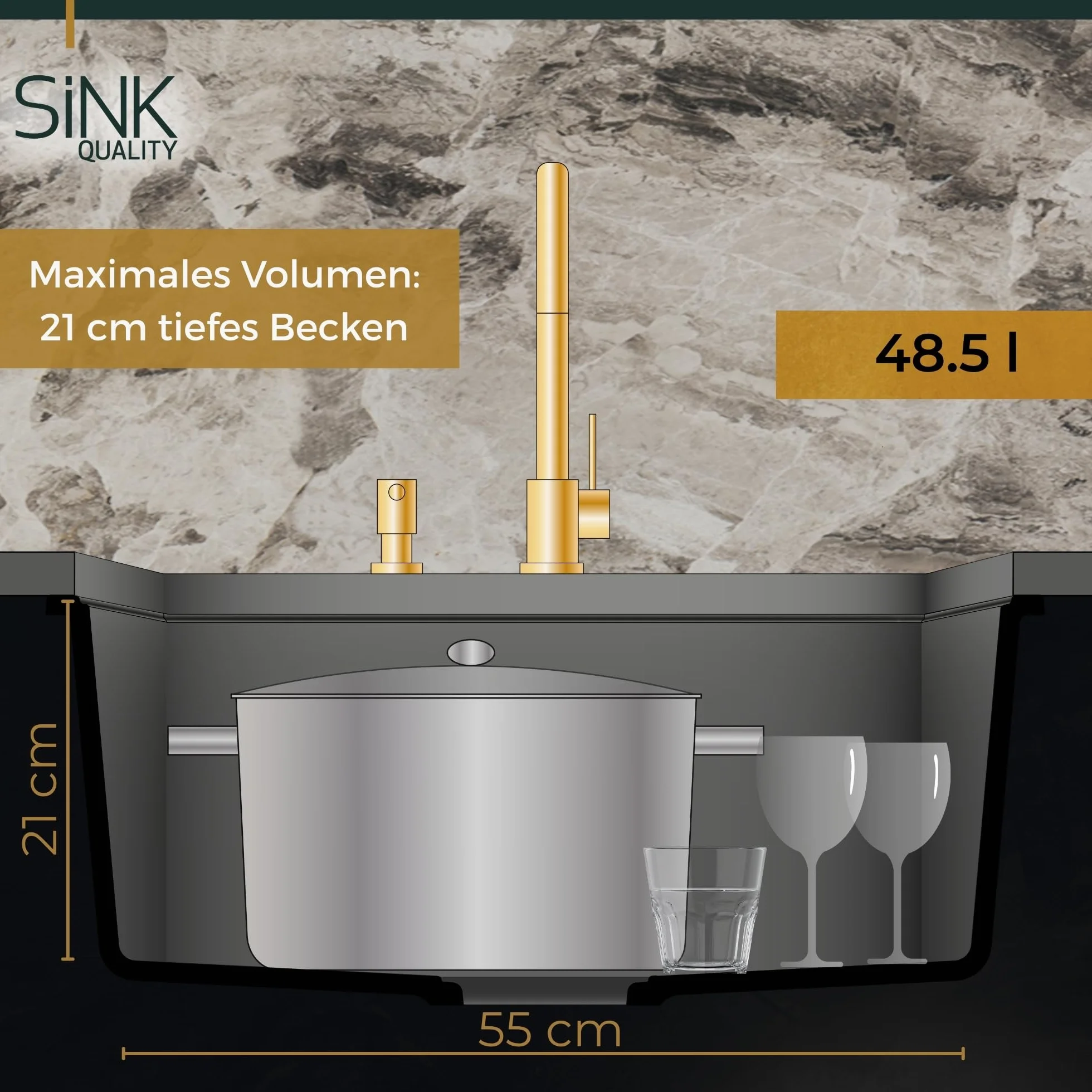 Sink Quality zlewozmywak do zabudowy czarny 55 x 42 cm – zlewozmywak do zabudowy w jednej płaszczyźnie wraz z syfonem złotym i środkiem impregnującym – granitowy zlewozmywak do szafki pod umywalkę 60