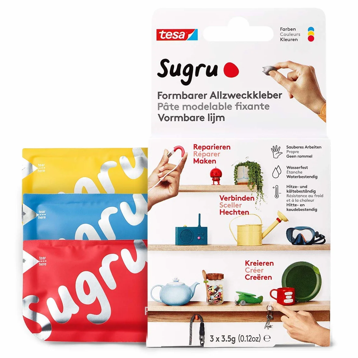 tesa Sugru Uniwersalny Klej Formowalny, Masa Klejąca do Różnych Zastosowań, 3 x 3,5 g, Kolor: Czerwony, Niebieski & Żółty