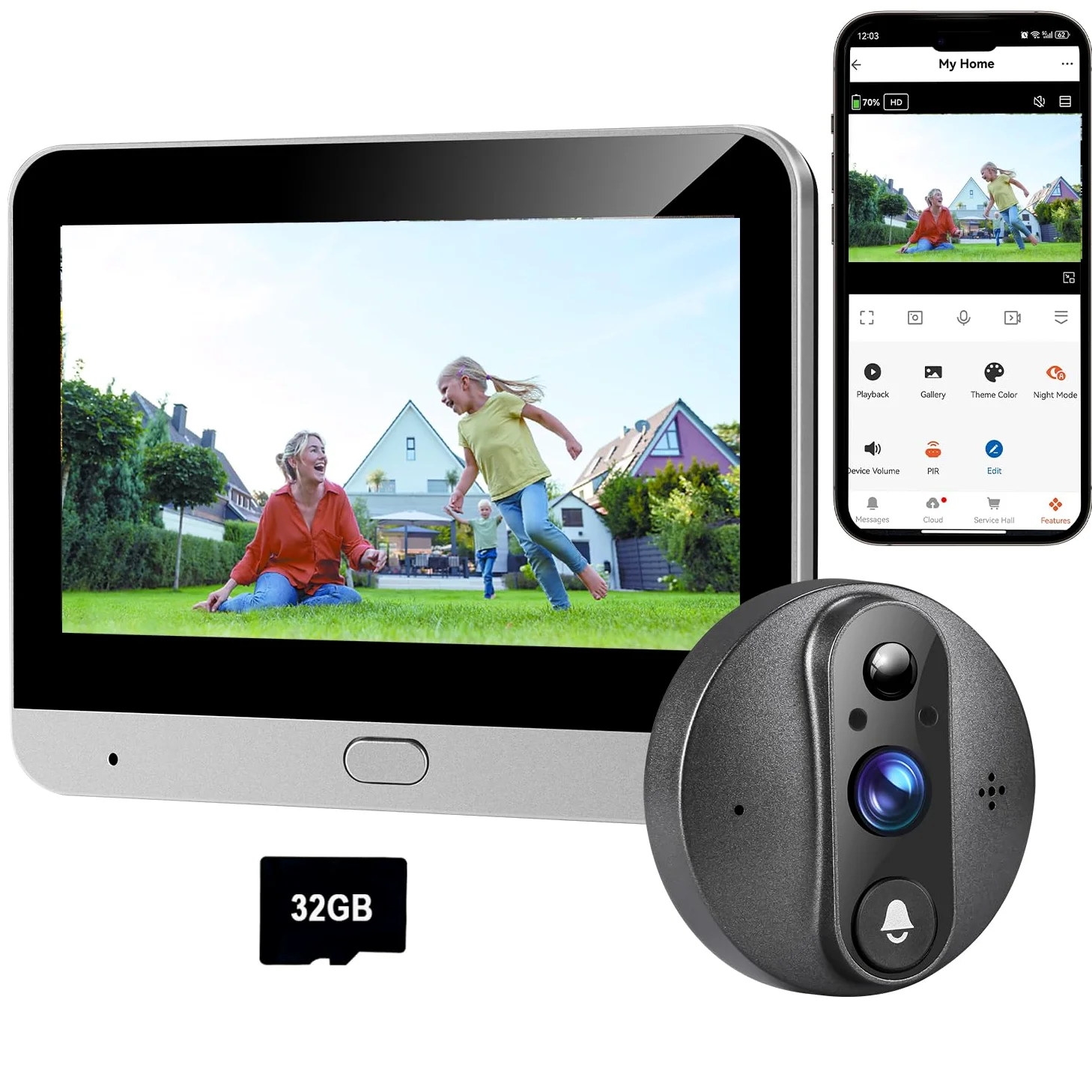 Wizjer do drzwi 3 PA, z kartą pamięci 32 GB, kolorowy ekran o przekątnej 4,3", 2K, bezprzewodowy dzwonek do drzwi, kamera z kątem 160° z akumulatorem 5000 mAh, wykrywanie ruchu PIR, bez opłat
