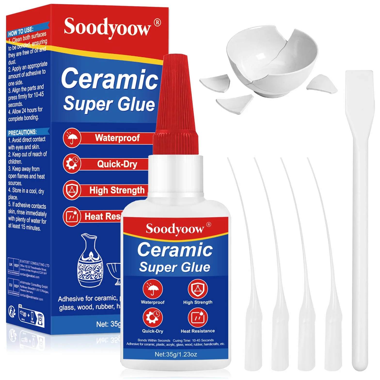 Klej błyskawiczny do ceramiki i porcelany, 35 g, bardzo mocny, szybkoschnący, przezroczysty, wodoszczelny, z precyzyjnym aplikatorem, uniwersalny klej naprawczy